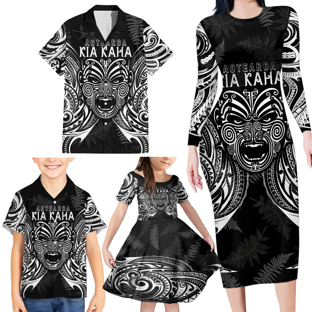 custom-new-zealand-rugby-family-matching-long-sleeve-bodycon-dress-and-hawaiian-shirt-2023-world-cup-aotearoa-haka-face