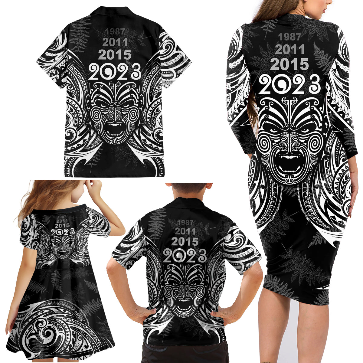custom-new-zealand-rugby-family-matching-long-sleeve-bodycon-dress-and-hawaiian-shirt-2023-world-cup-aotearoa-haka-face