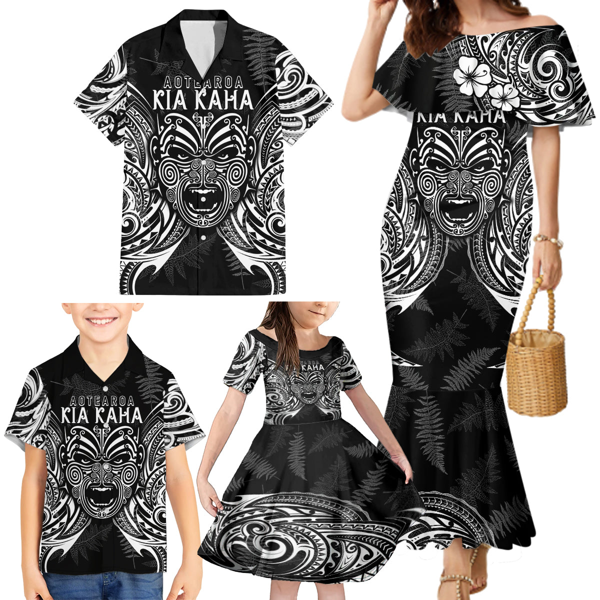 custom-new-zealand-rugby-family-matching-mermaid-dress-and-hawaiian-shirt-2023-world-cup-aotearoa-haka-face