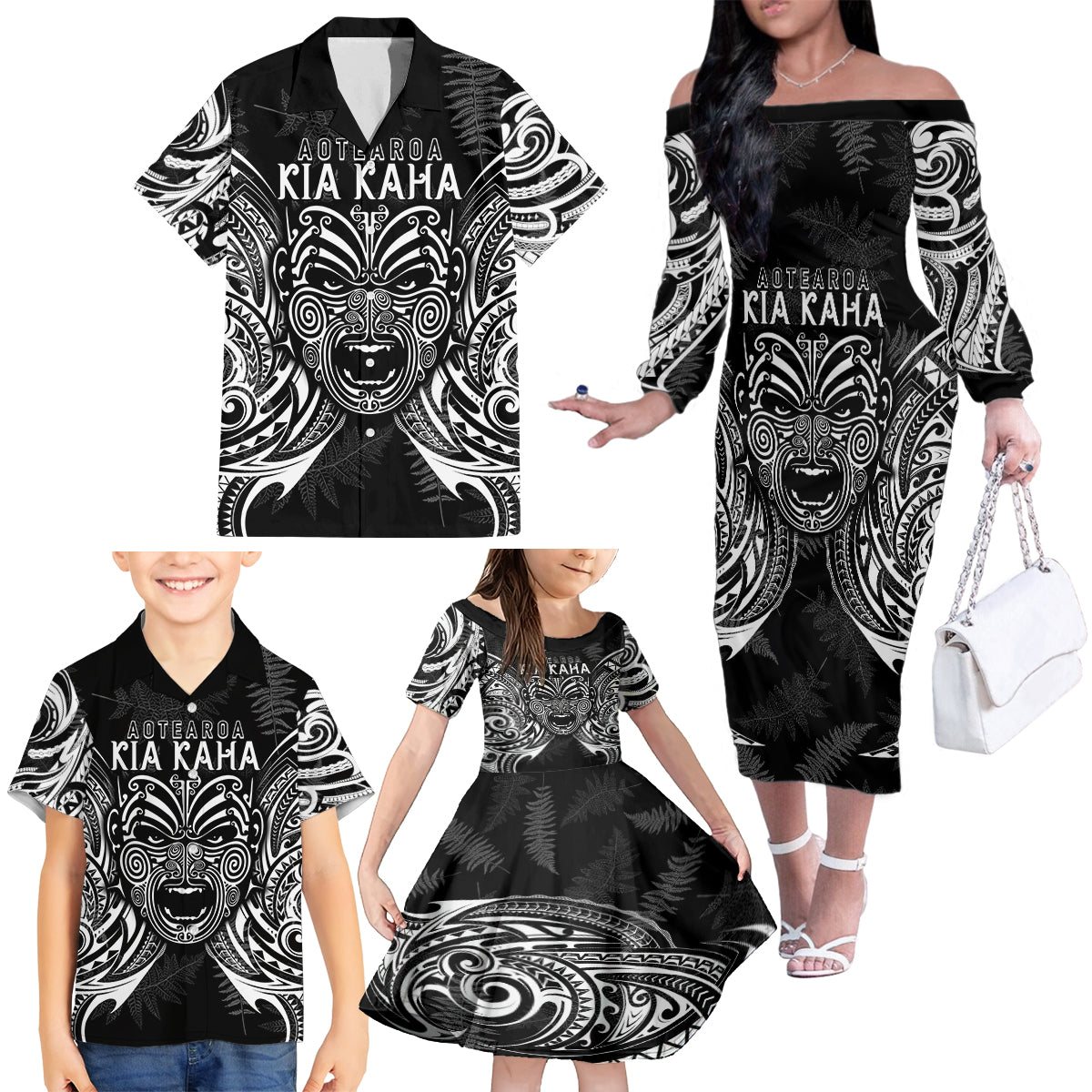 custom-new-zealand-rugby-family-matching-off-shoulder-long-sleeve-dress-and-hawaiian-shirt-2023-world-cup-aotearoa-haka-face