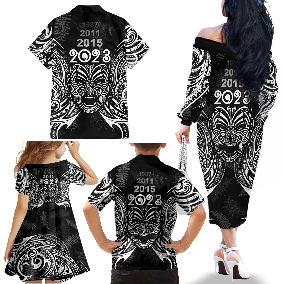 custom-new-zealand-rugby-family-matching-off-shoulder-long-sleeve-dress-and-hawaiian-shirt-2023-world-cup-aotearoa-haka-face
