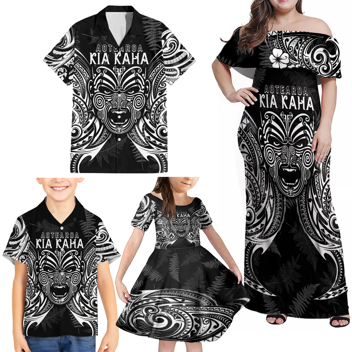 custom-new-zealand-rugby-family-matching-off-shoulder-maxi-dress-and-hawaiian-shirt-2023-world-cup-aotearoa-haka-face