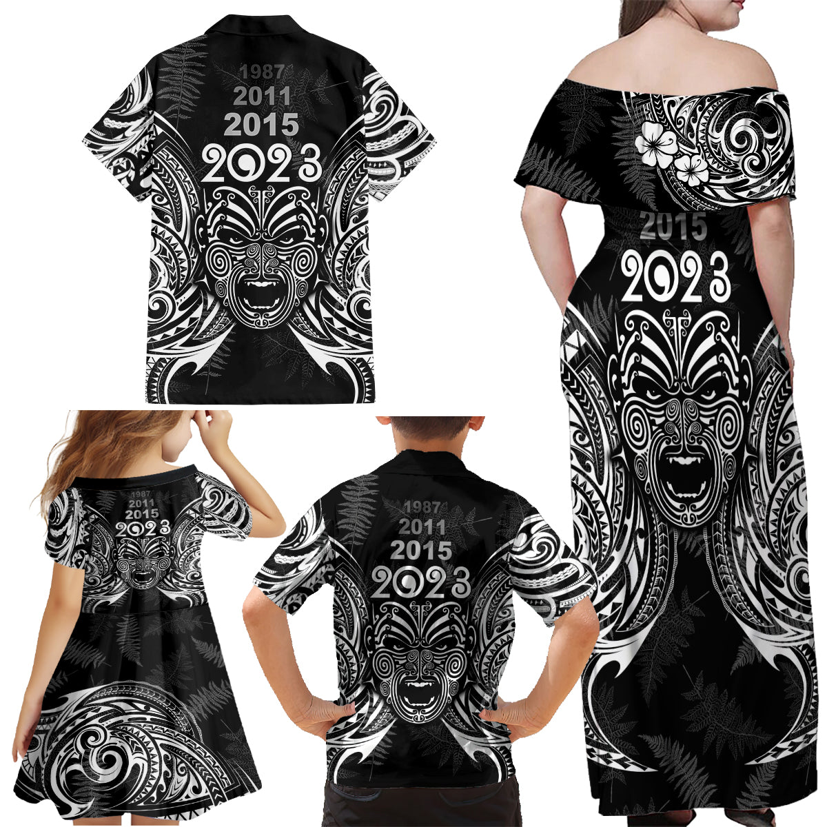 custom-new-zealand-rugby-family-matching-off-shoulder-maxi-dress-and-hawaiian-shirt-2023-world-cup-aotearoa-haka-face