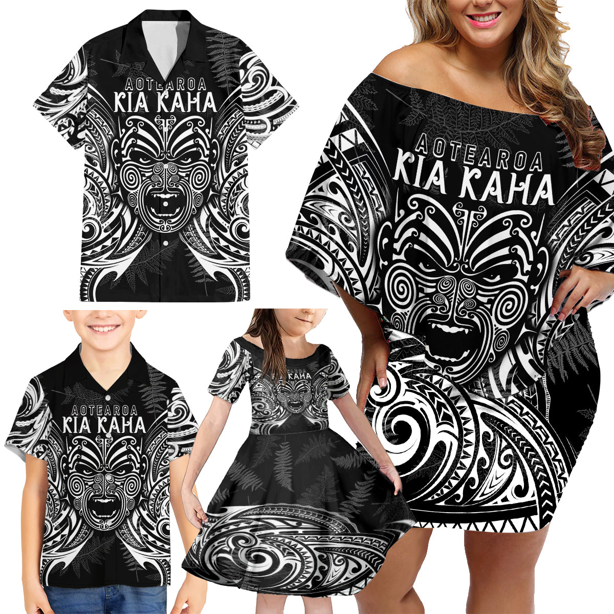 custom-new-zealand-rugby-family-matching-off-shoulder-short-dress-and-hawaiian-shirt-2023-world-cup-aotearoa-haka-face
