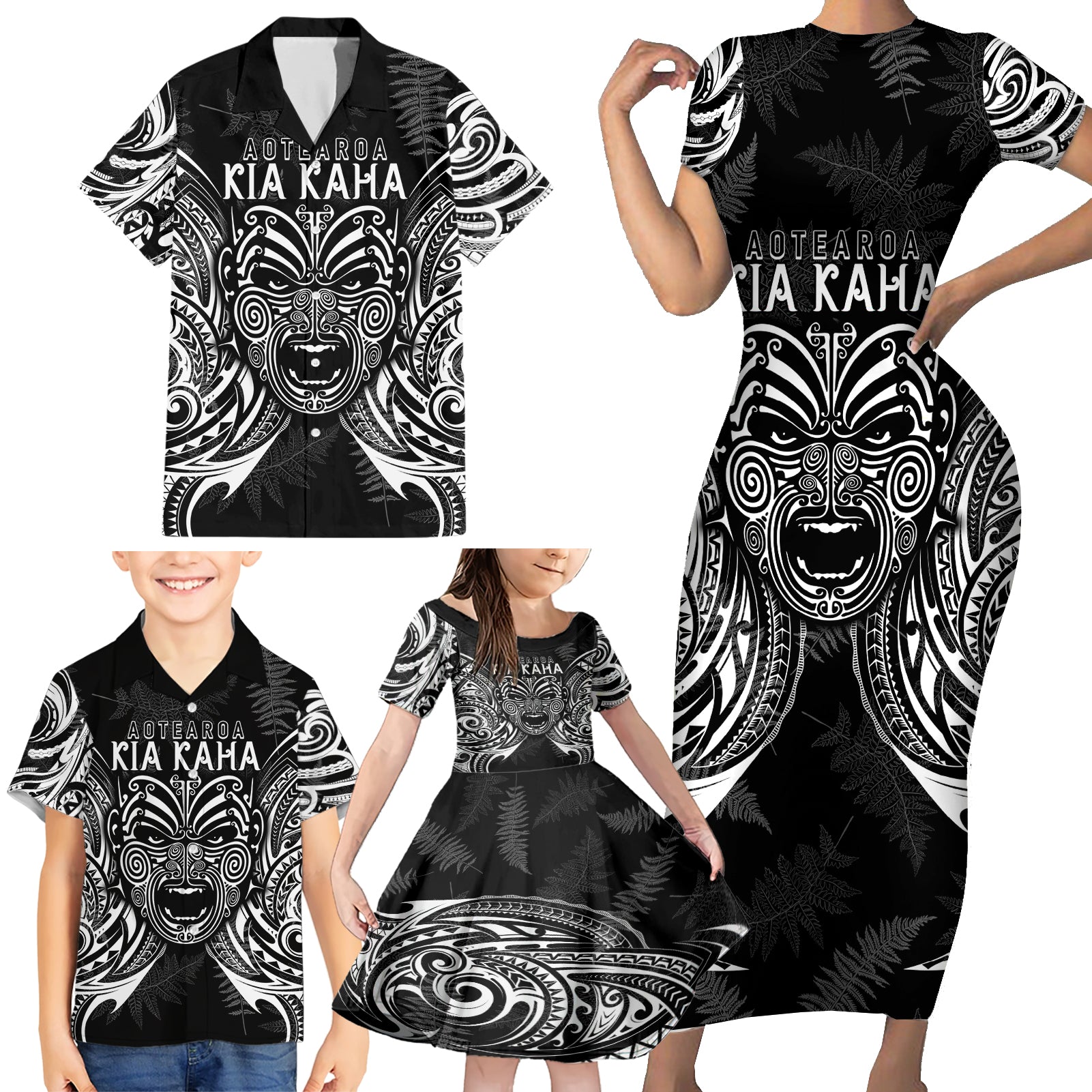 custom-new-zealand-rugby-family-matching-short-sleeve-bodycon-dress-and-hawaiian-shirt-2023-world-cup-aotearoa-haka-face