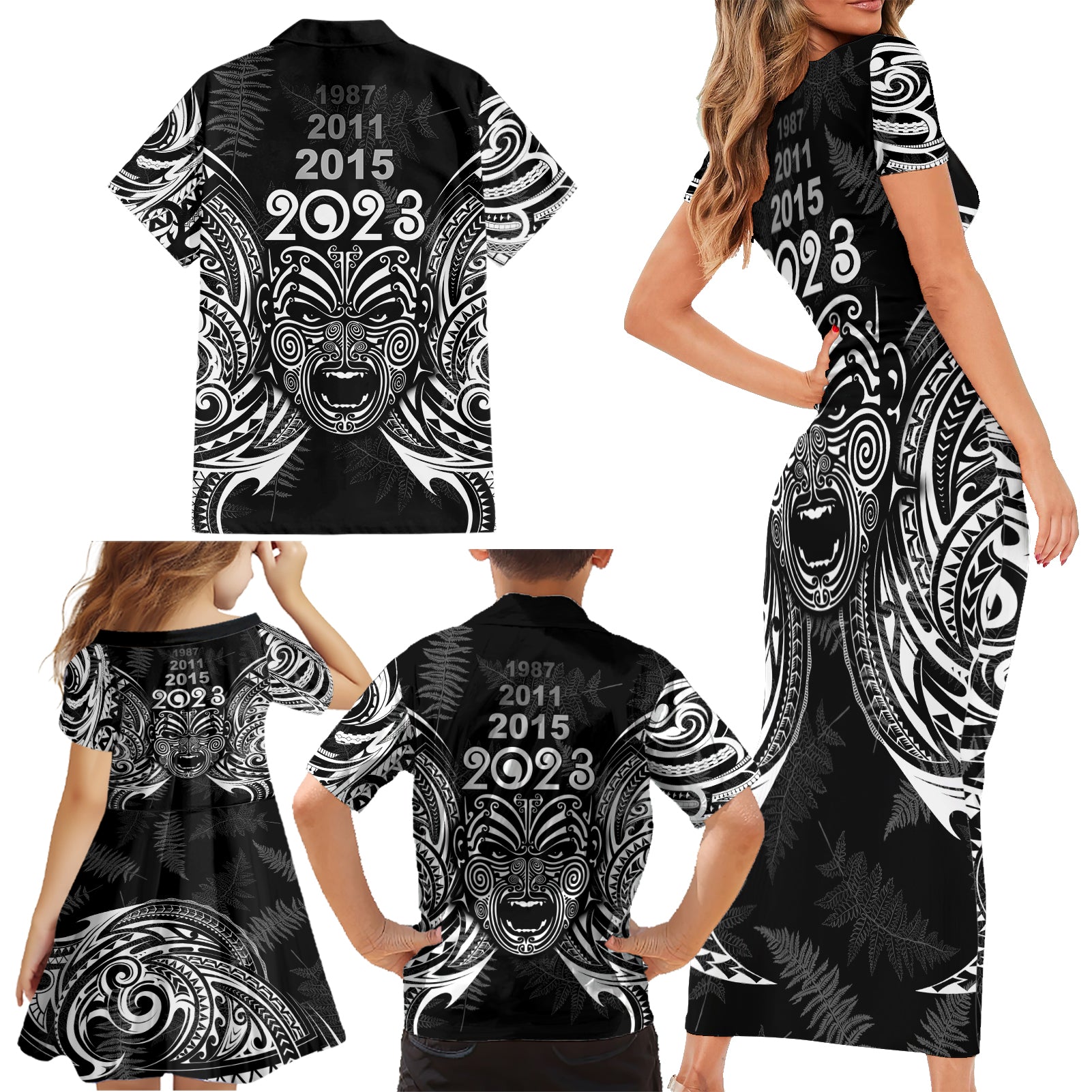 custom-new-zealand-rugby-family-matching-short-sleeve-bodycon-dress-and-hawaiian-shirt-2023-world-cup-aotearoa-haka-face