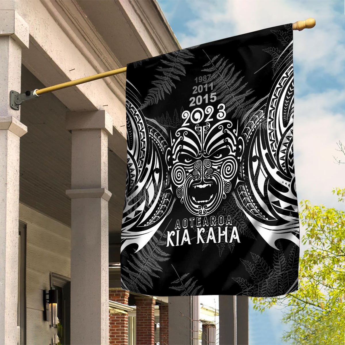 Custom New Zealand Rugby Garden Flag 2023 World Cup Aotearoa Haka Face - Vibe Hoodie Shop