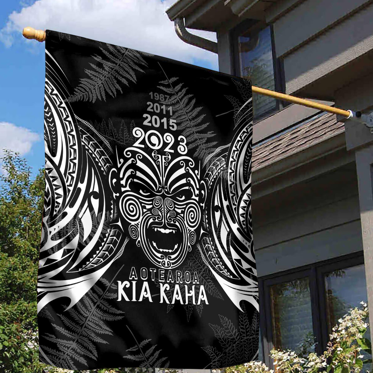 Custom New Zealand Rugby Garden Flag 2023 World Cup Aotearoa Haka Face - Vibe Hoodie Shop