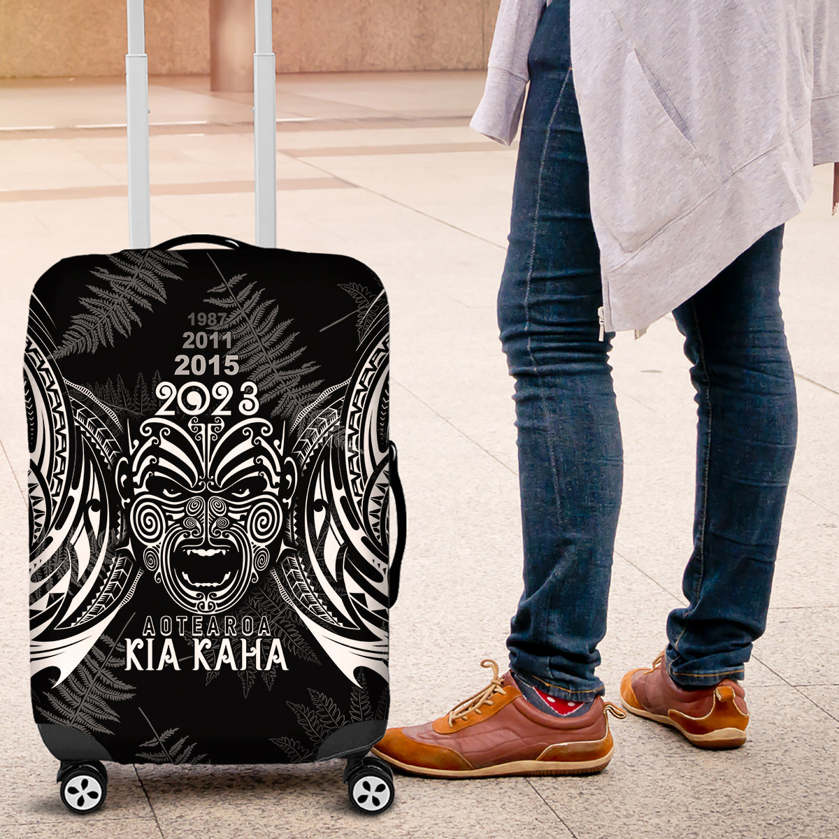 Custom New Zealand Rugby Luggage Cover 2023 World Cup Aotearoa Haka Face - Vibe Hoodie Shop