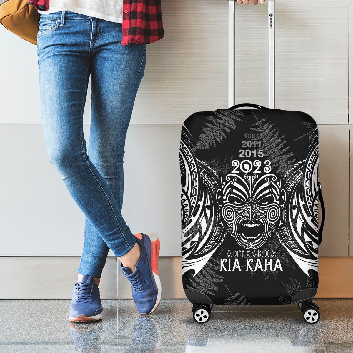 Custom New Zealand Rugby Luggage Cover 2023 World Cup Aotearoa Haka Face - Vibe Hoodie Shop