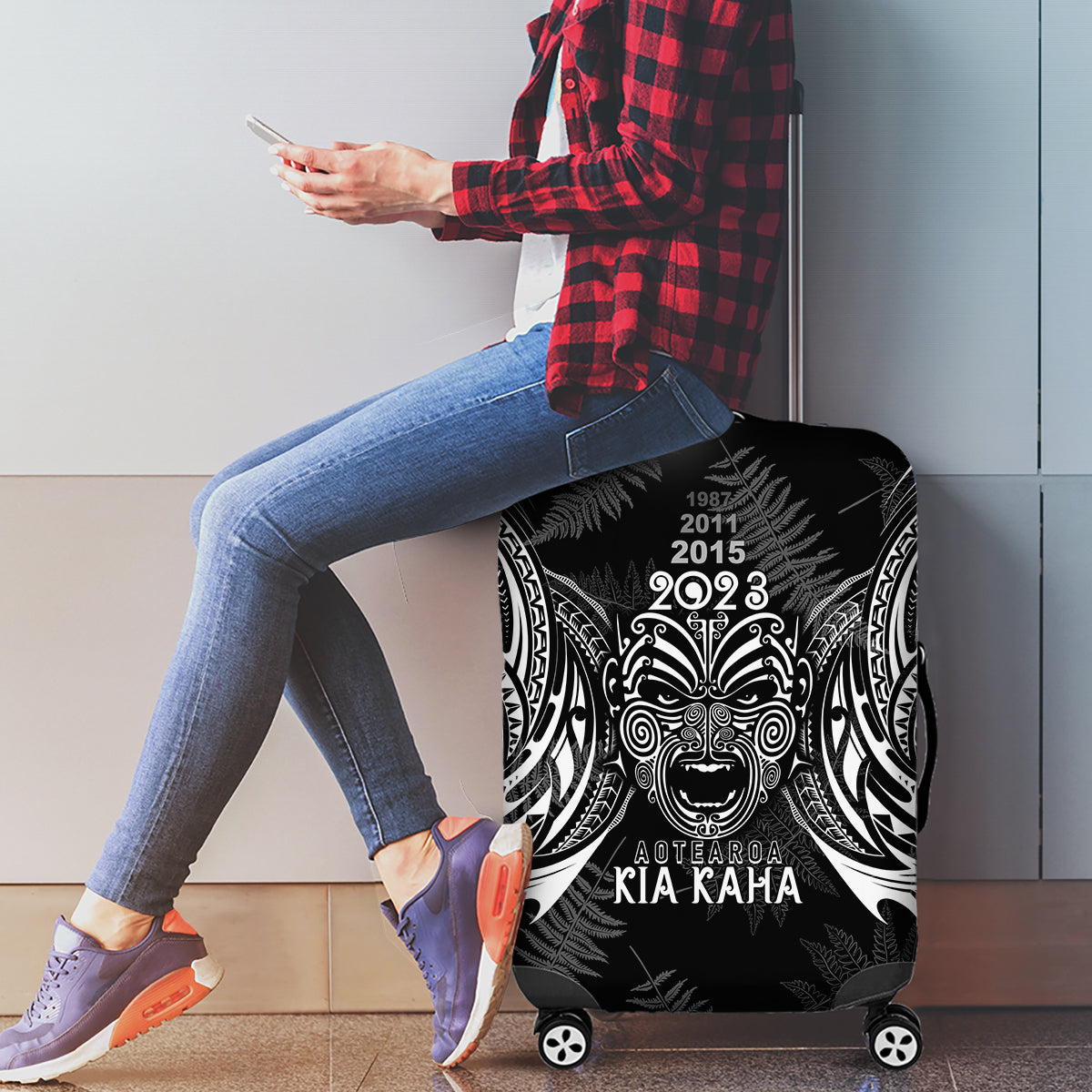 Custom New Zealand Rugby Luggage Cover 2023 World Cup Aotearoa Haka Face - Vibe Hoodie Shop