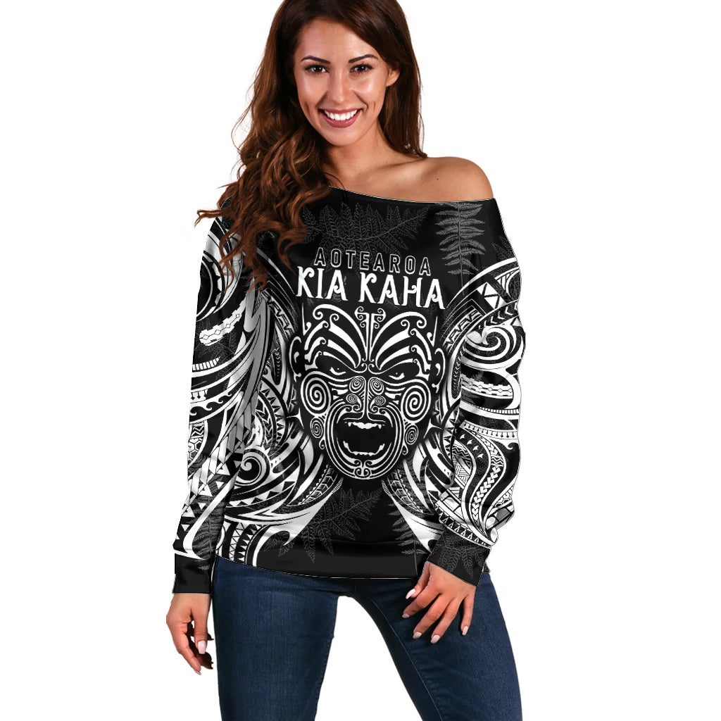 New Zealand Rugby Off Shoulder Sweater 2023 World Cup Aotearoa Haka Face - Vibe Hoodie Shop