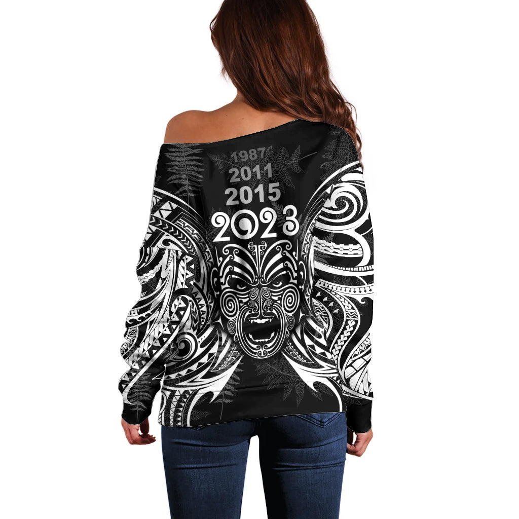 New Zealand Rugby Off Shoulder Sweater 2023 World Cup Aotearoa Haka Face - Vibe Hoodie Shop