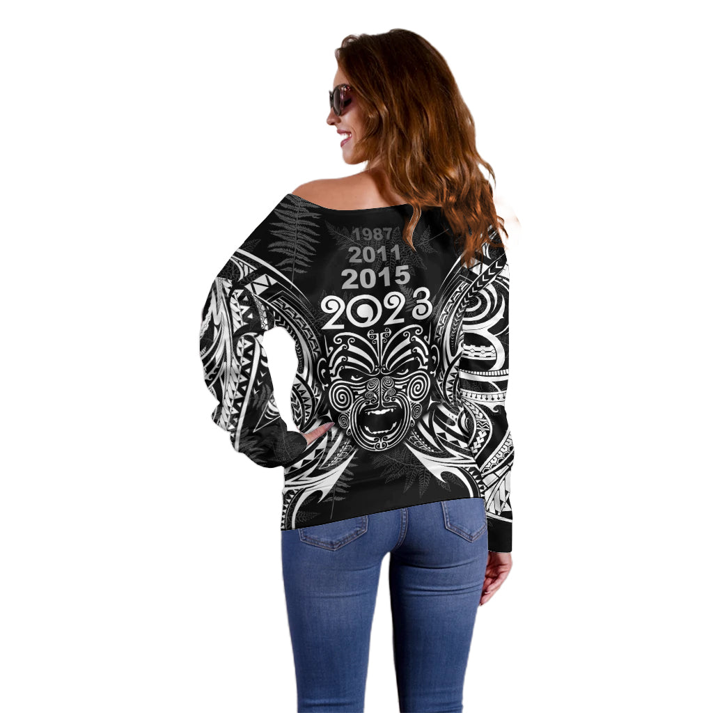 New Zealand Rugby Off Shoulder Sweater 2023 World Cup Aotearoa Haka Face - Vibe Hoodie Shop