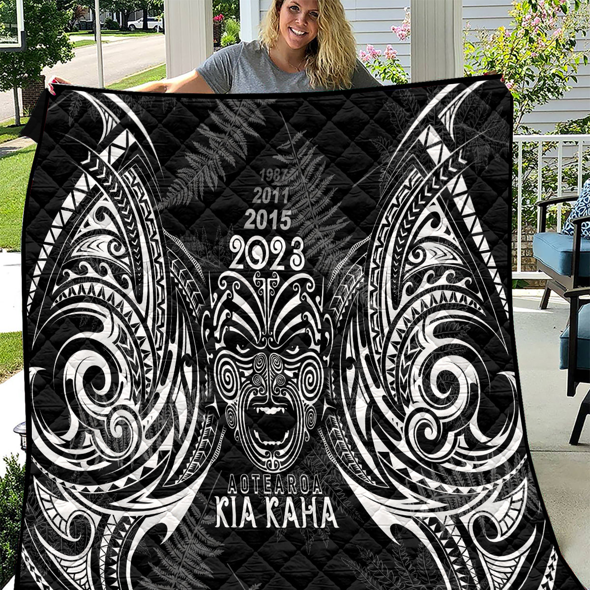 Custom New Zealand Rugby Quilt 2023 World Cup Aotearoa Haka Face - Vibe Hoodie Shop