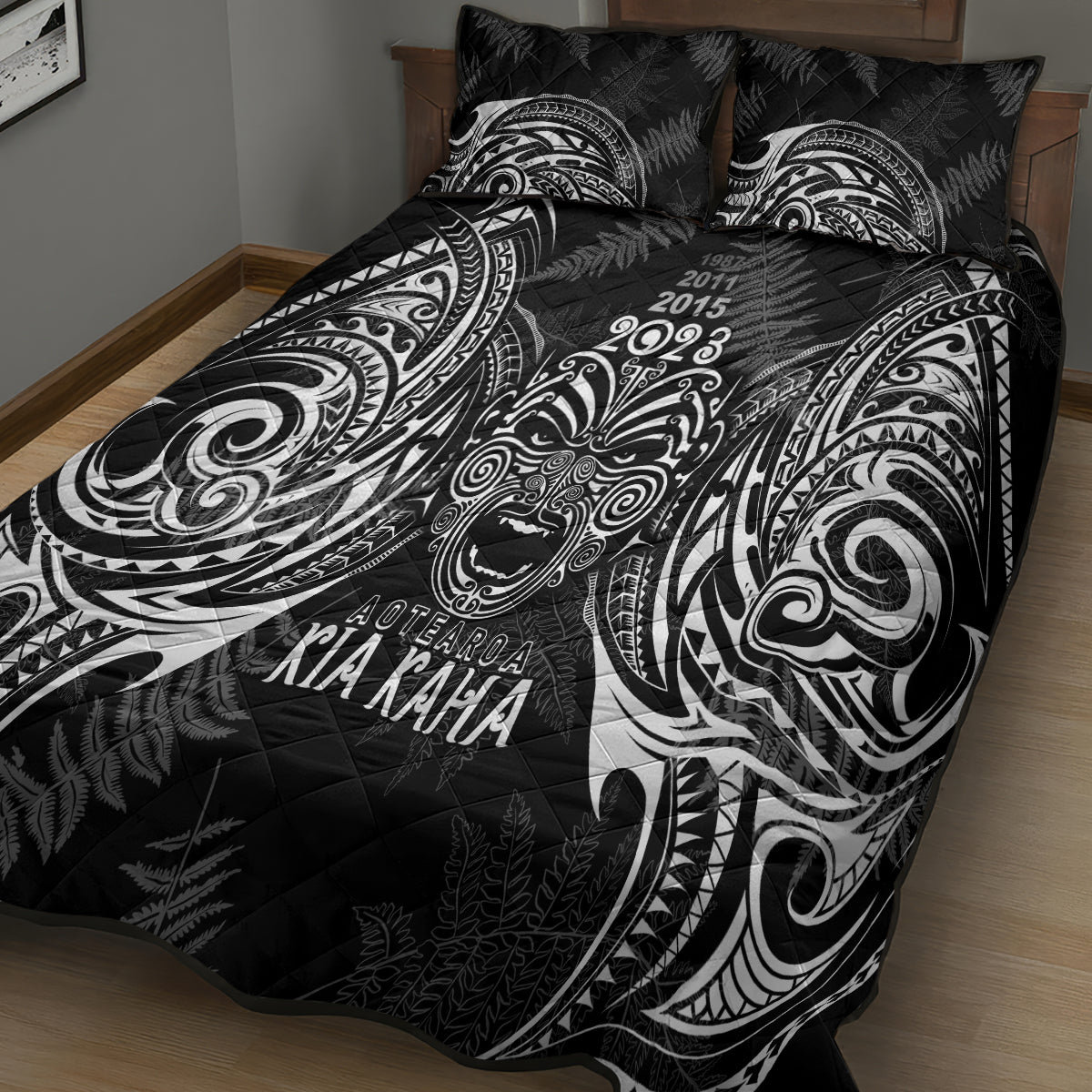 Custom New Zealand Rugby Quilt Bed Set 2023 World Cup Aotearoa Haka Face - Vibe Hoodie Shop