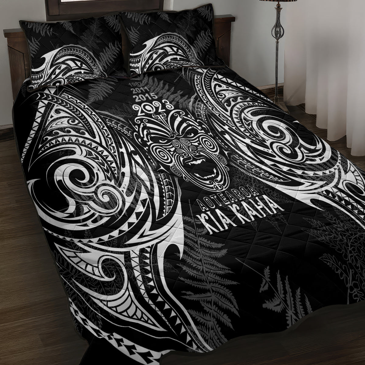 Custom New Zealand Rugby Quilt Bed Set 2023 World Cup Aotearoa Haka Face - Vibe Hoodie Shop