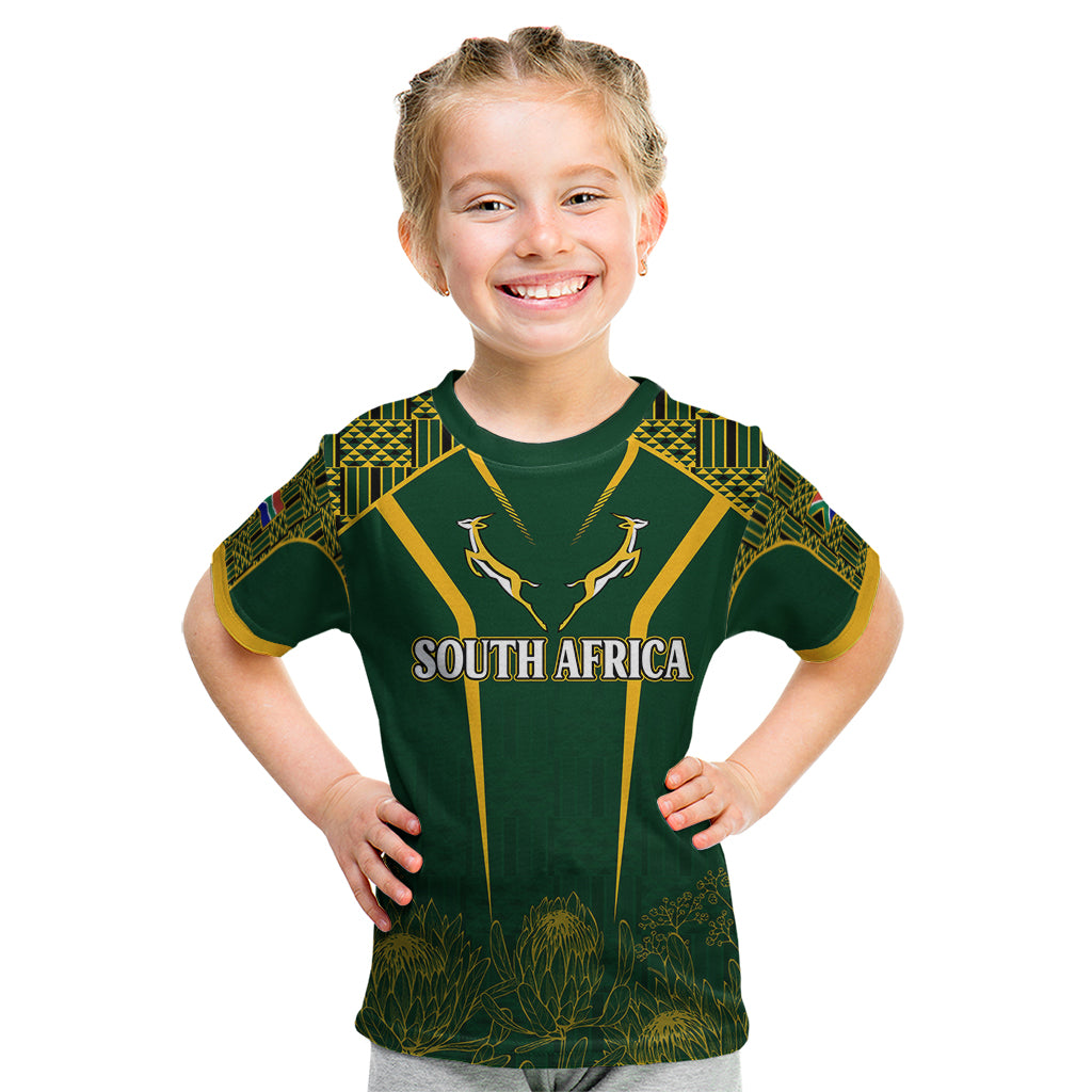 Personalised South African Heritage Day Kid T Shirt Kente Ethnic Patterns Mix Springboks - Vibe Hoodie Shop