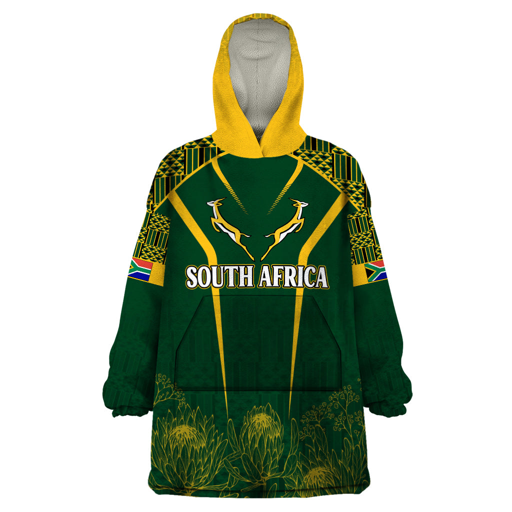 Personalised South African Heritage Day Wearable Blanket Hoodie Kente Ethnic Patterns Mix Springboks - Vibe Hoodie Shop