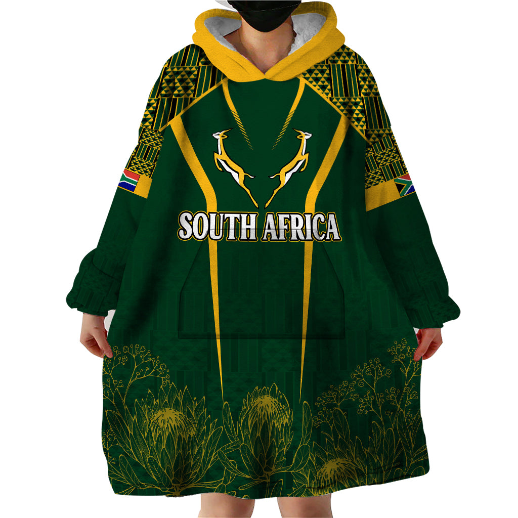 Personalised South African Heritage Day Wearable Blanket Hoodie Kente Ethnic Patterns Mix Springboks - Vibe Hoodie Shop