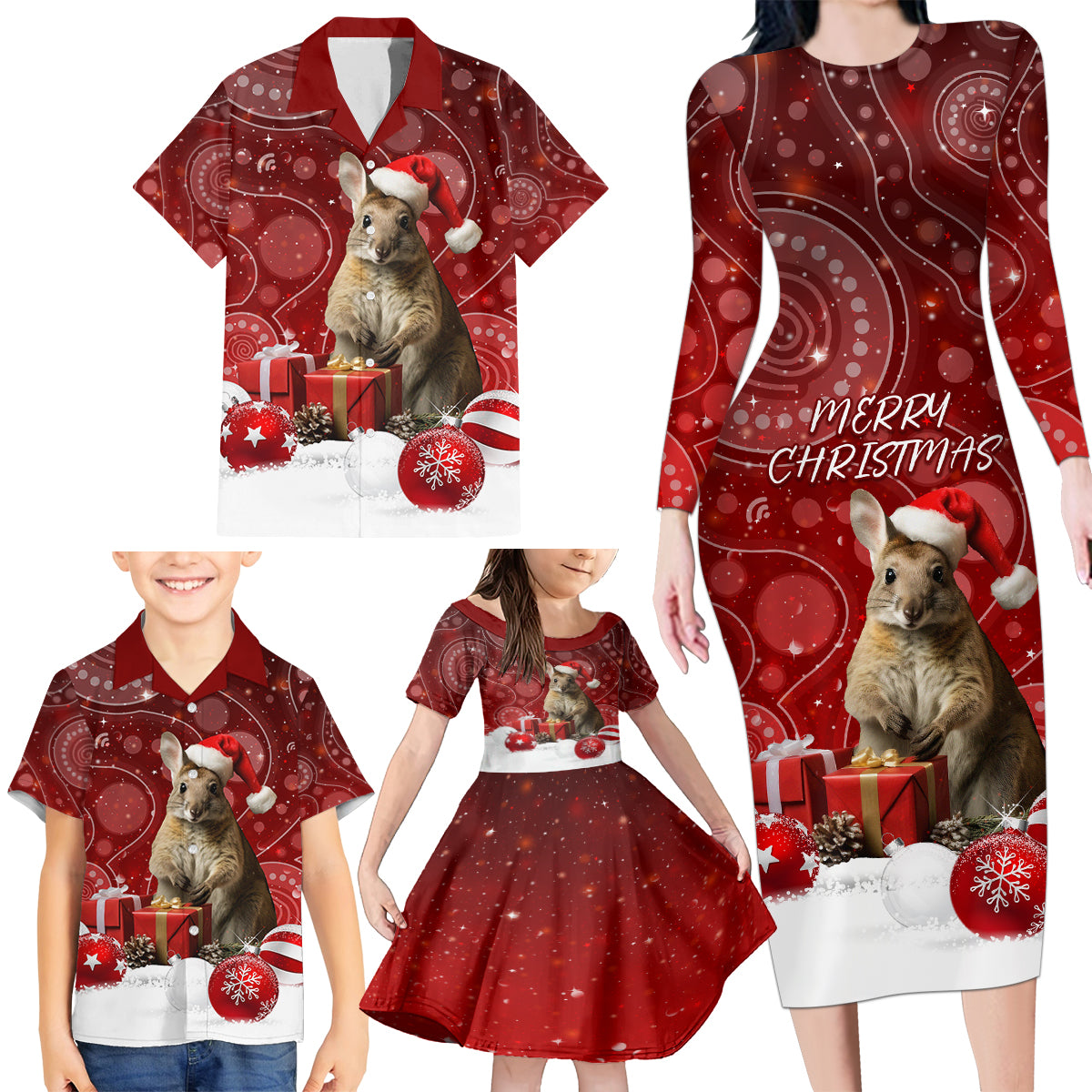 australia-christmas-wallaby-family-matching-long-sleeve-bodycon-dress-and-hawaiian-shirt-aboriginal-art