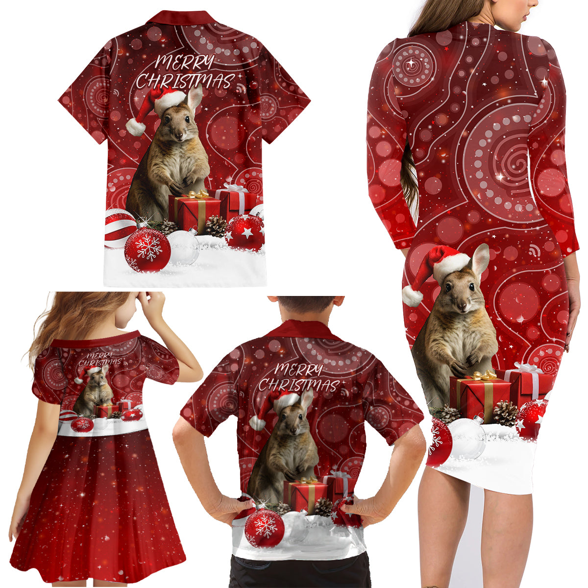 australia-christmas-wallaby-family-matching-long-sleeve-bodycon-dress-and-hawaiian-shirt-aboriginal-art