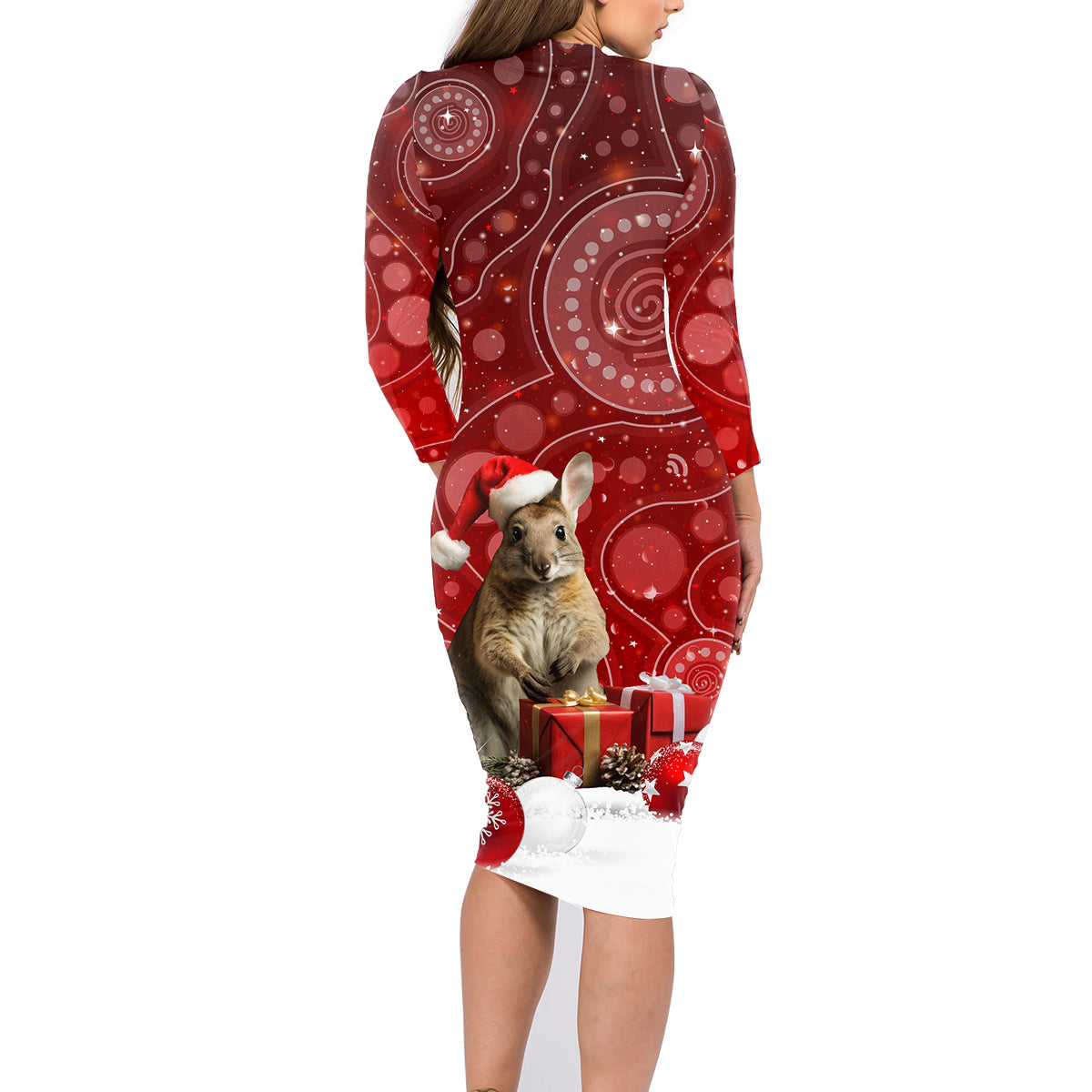 australia-christmas-wallaby-family-matching-long-sleeve-bodycon-dress-and-hawaiian-shirt-aboriginal-art