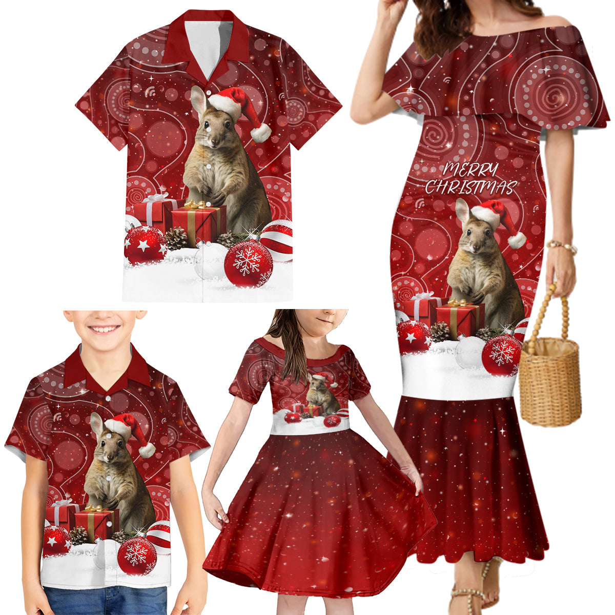 australia-christmas-wallaby-family-matching-mermaid-dress-and-hawaiian-shirt-aboriginal-art