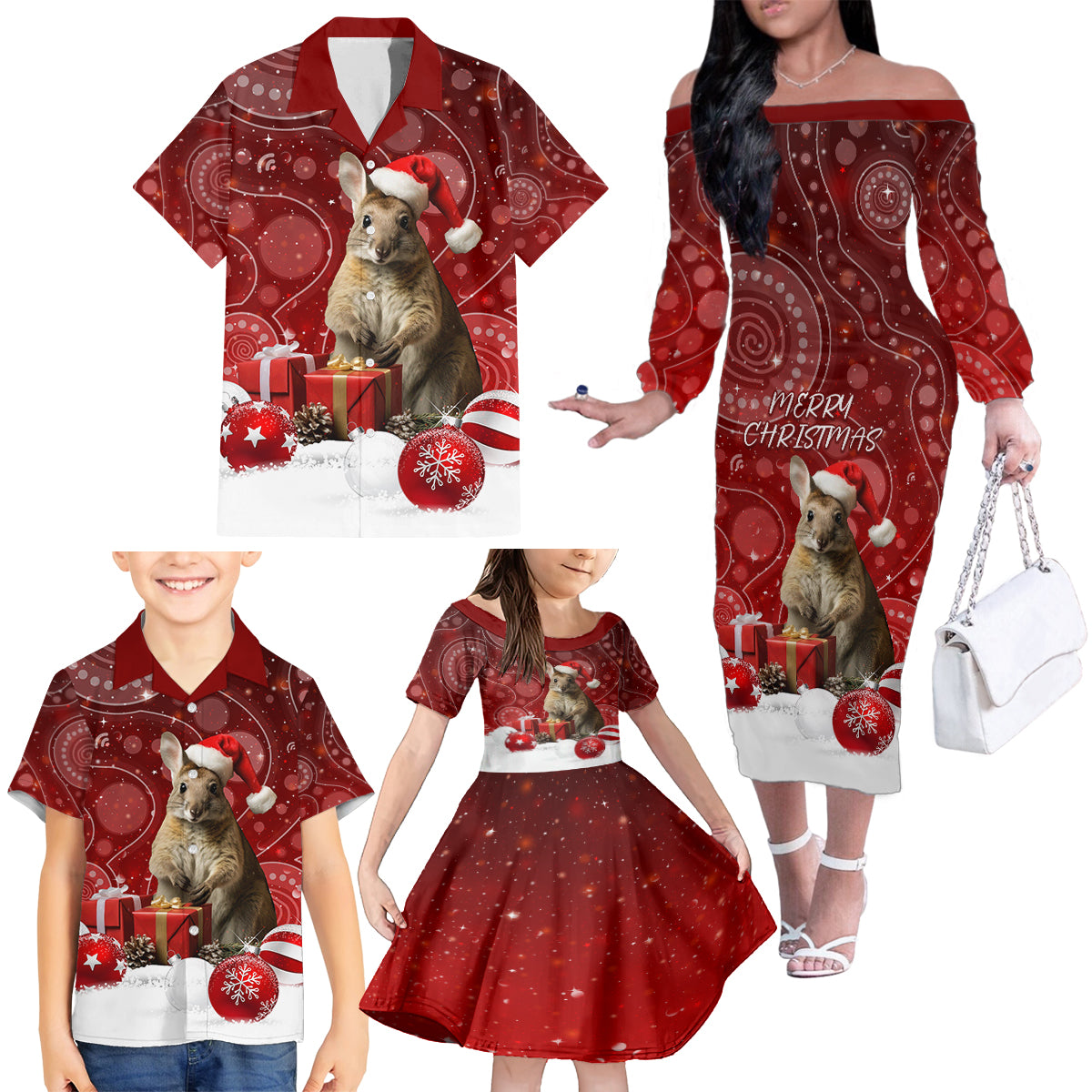 australia-christmas-wallaby-family-matching-off-shoulder-long-sleeve-dress-and-hawaiian-shirt-aboriginal-art