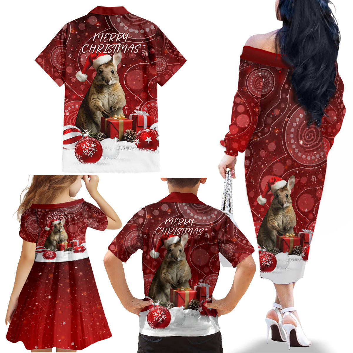 australia-christmas-wallaby-family-matching-off-shoulder-long-sleeve-dress-and-hawaiian-shirt-aboriginal-art