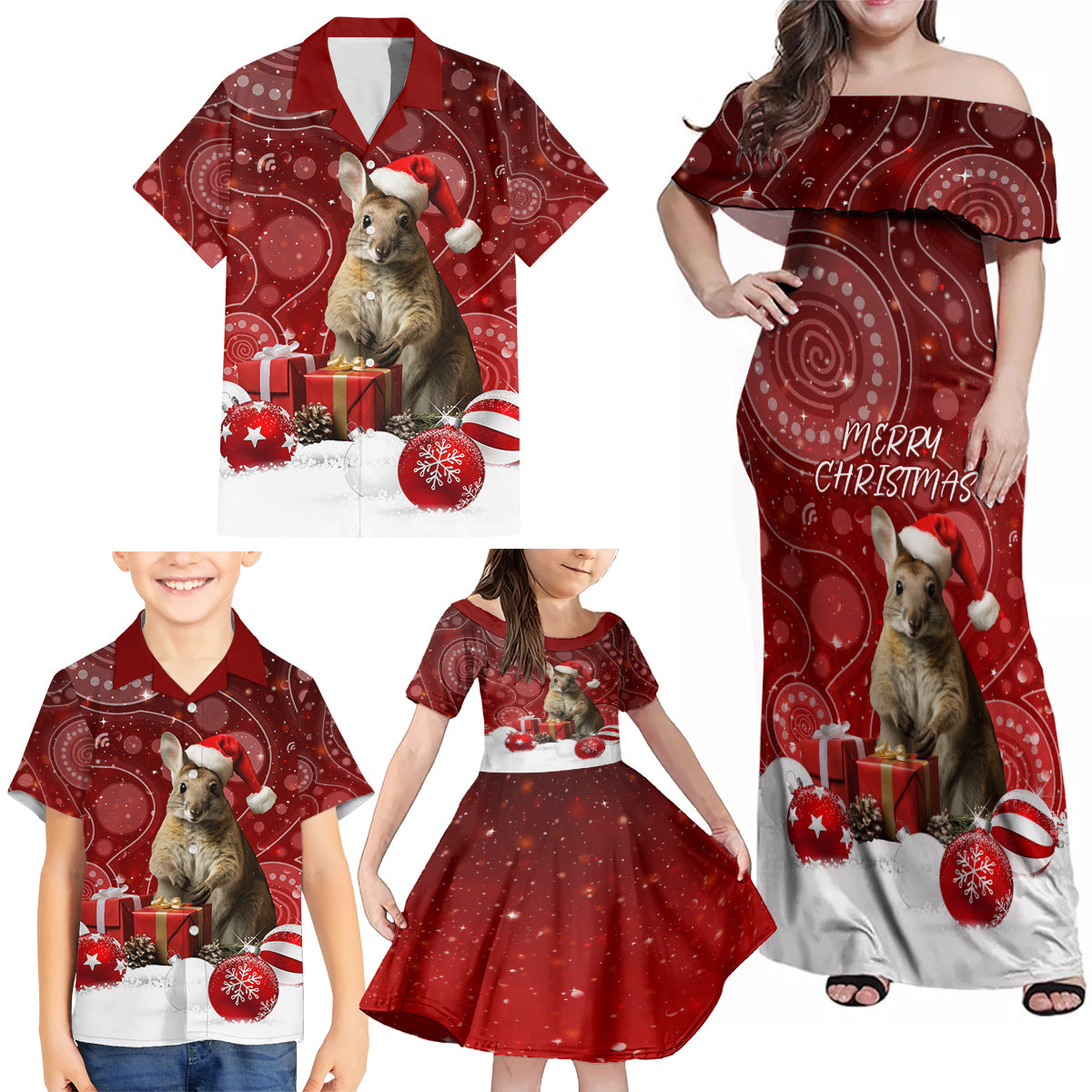 australia-christmas-wallaby-family-matching-off-shoulder-maxi-dress-and-hawaiian-shirt-aboriginal-art