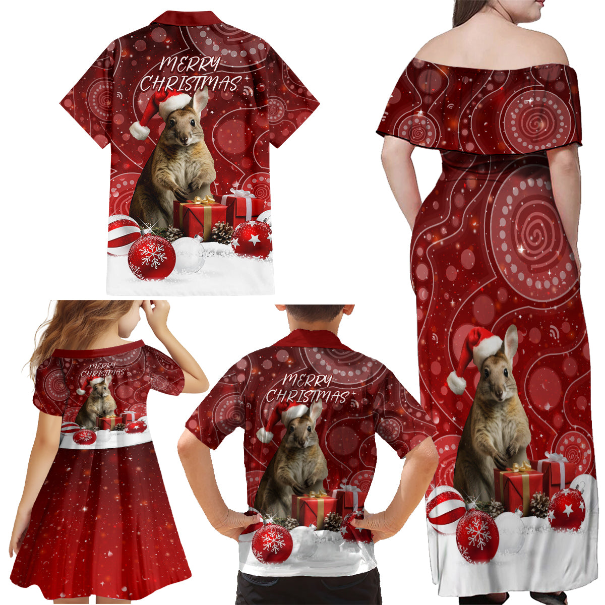 australia-christmas-wallaby-family-matching-off-shoulder-maxi-dress-and-hawaiian-shirt-aboriginal-art