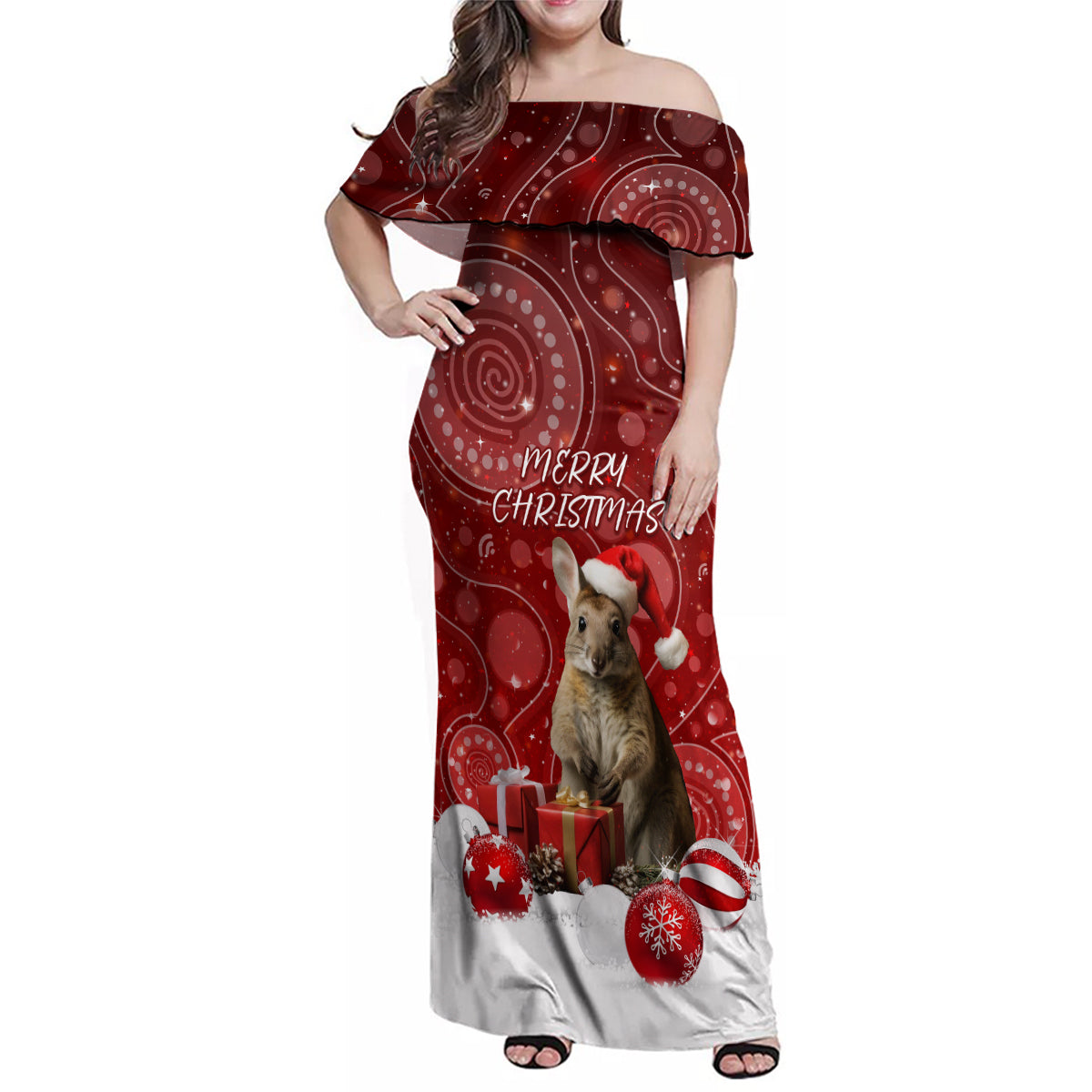 australia-christmas-wallaby-family-matching-off-shoulder-maxi-dress-and-hawaiian-shirt-aboriginal-art