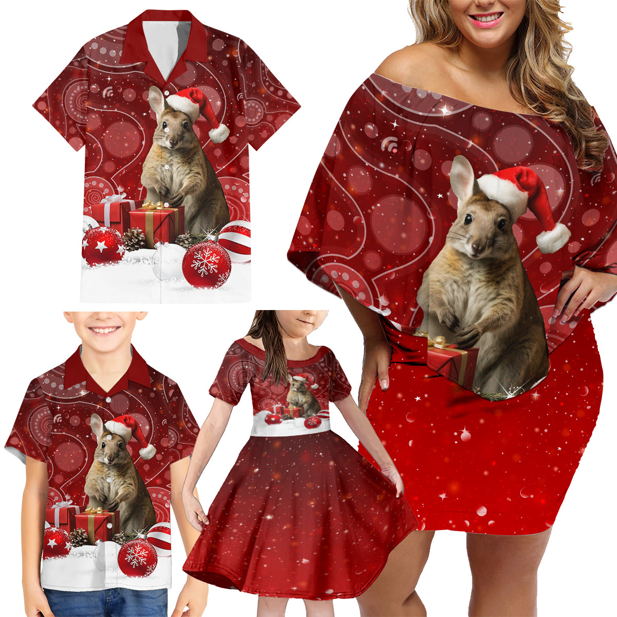 australia-christmas-wallaby-family-matching-off-shoulder-short-dress-and-hawaiian-shirt-aboriginal-art