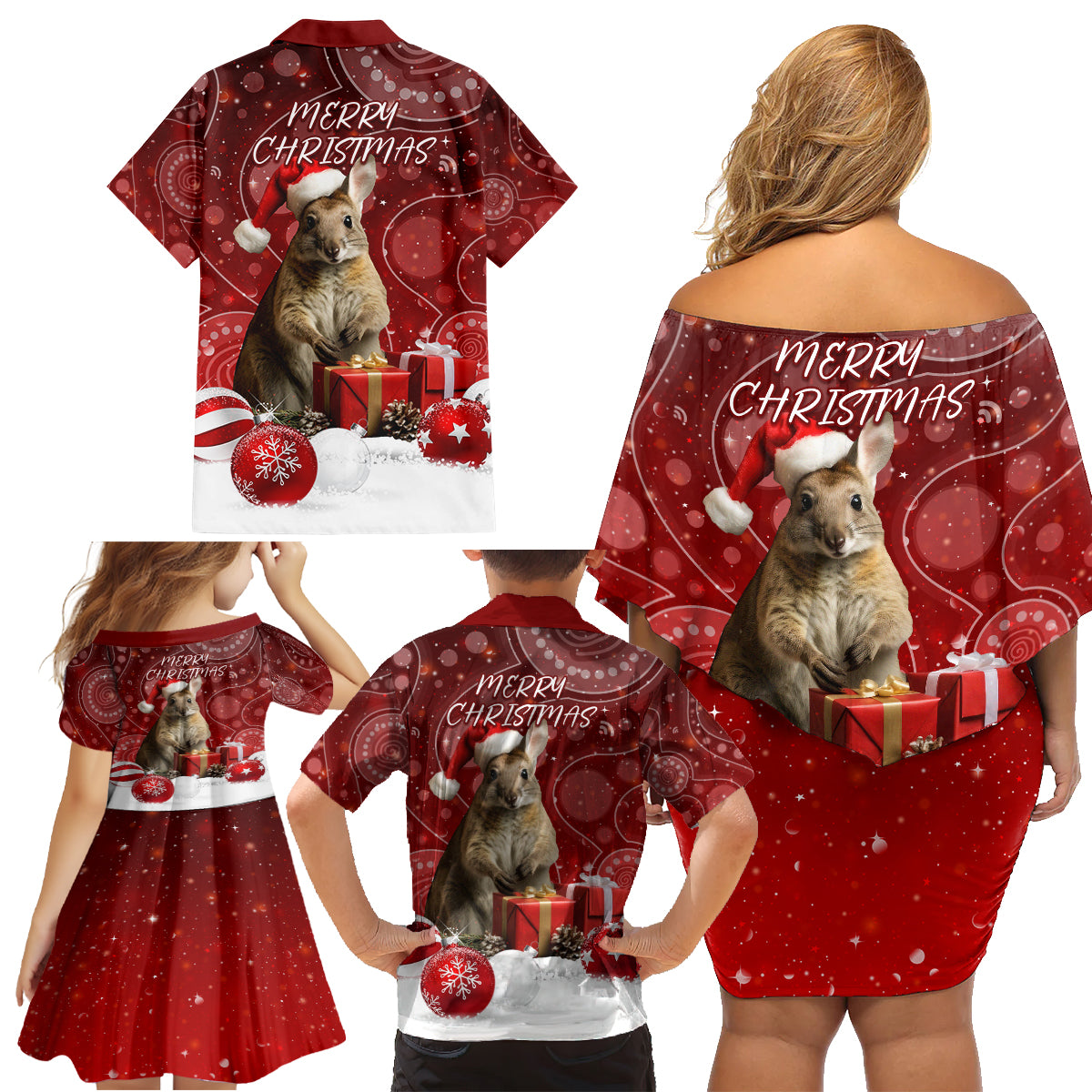 australia-christmas-wallaby-family-matching-off-shoulder-short-dress-and-hawaiian-shirt-aboriginal-art