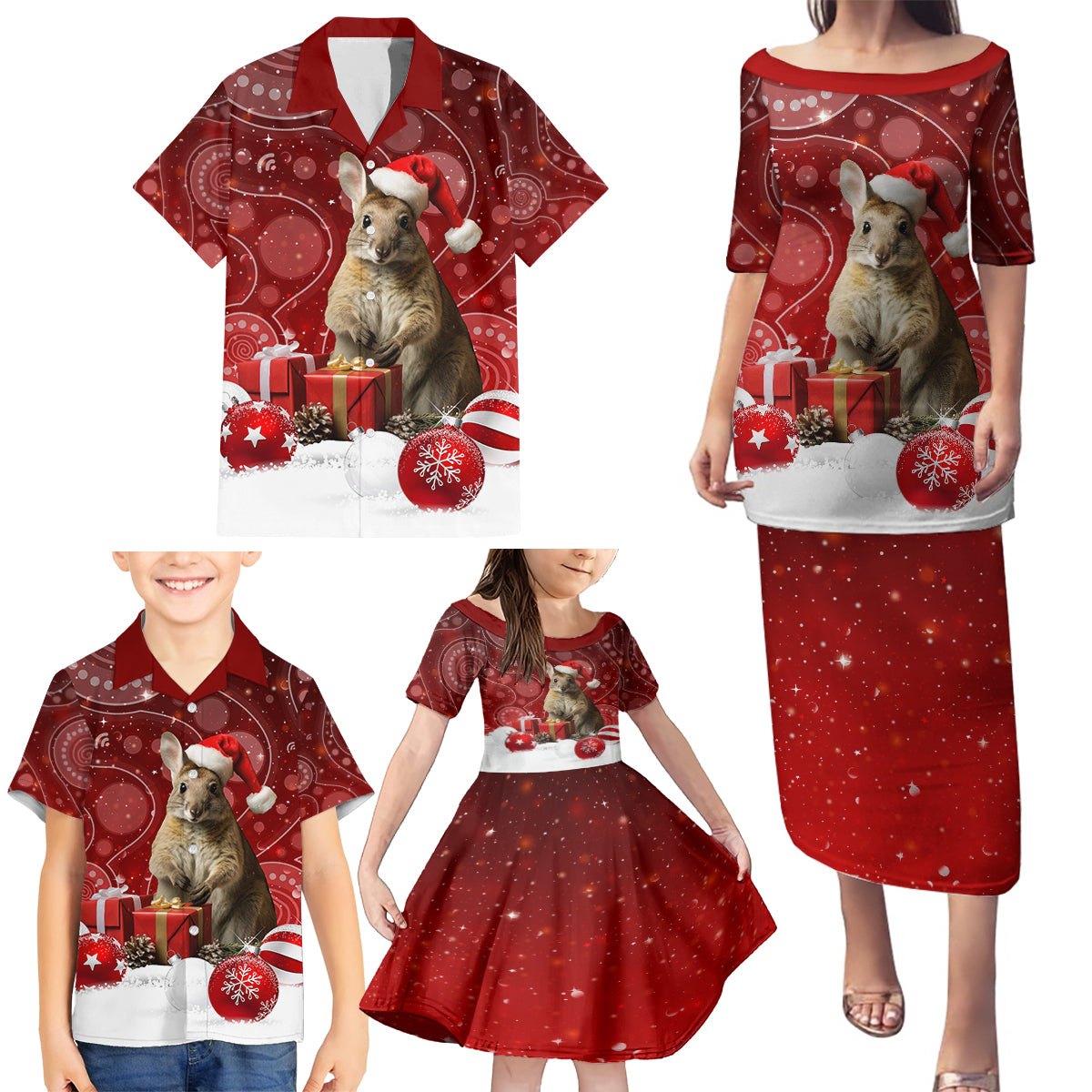 australia-christmas-wallaby-family-matching-puletasi-dress-and-hawaiian-shirt-aboriginal-art