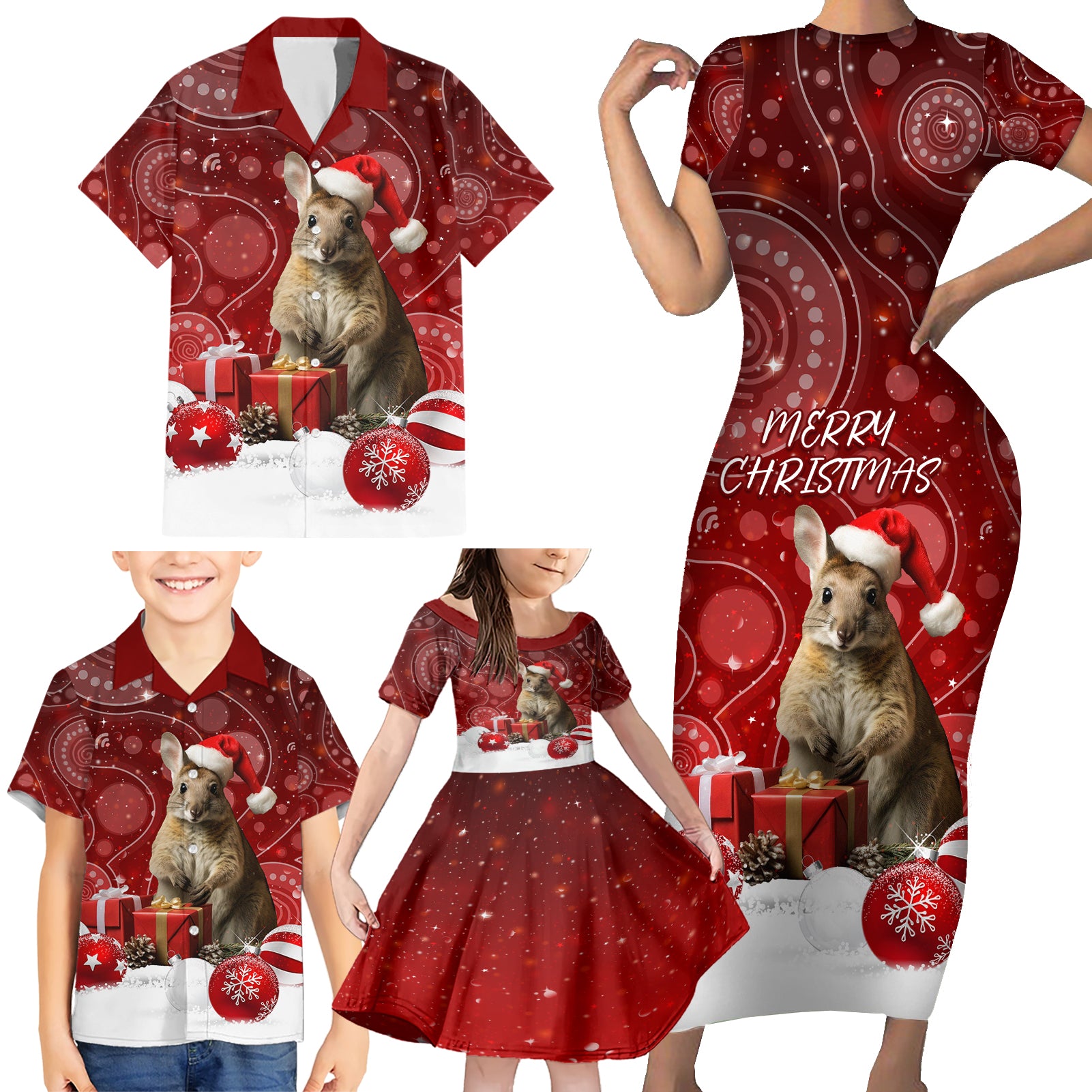 australia-christmas-wallaby-family-matching-short-sleeve-bodycon-dress-and-hawaiian-shirt-aboriginal-art