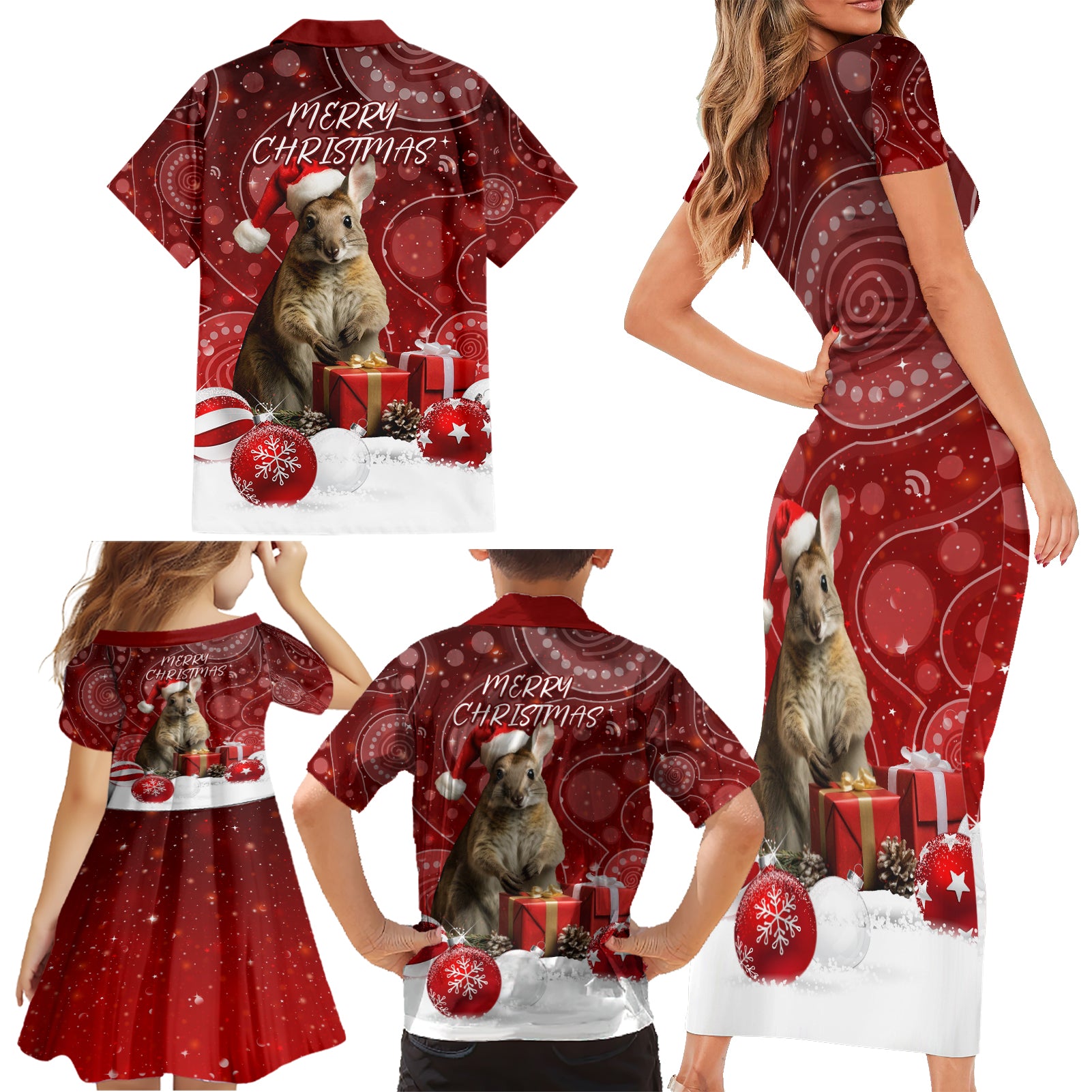 australia-christmas-wallaby-family-matching-short-sleeve-bodycon-dress-and-hawaiian-shirt-aboriginal-art