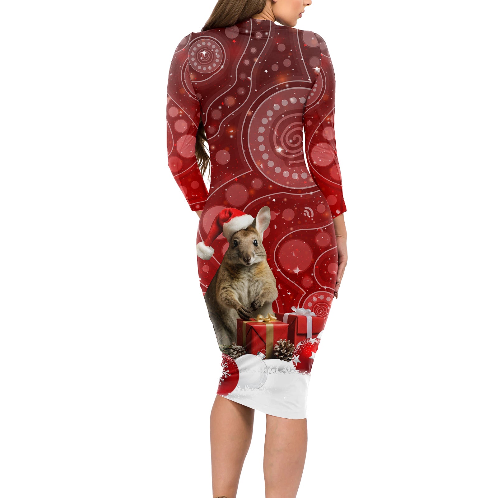 australia-christmas-wallaby-long-sleeve-bodycon-dress-aboriginal-art