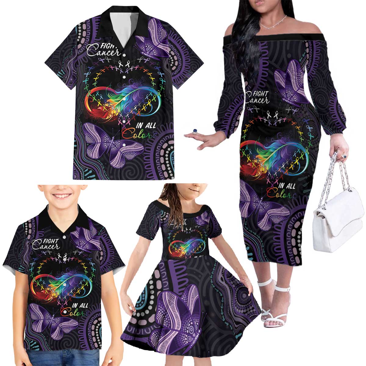 Australia Aboriginal Dot Arts Family Matching Off The Shoulder Long Sleeve Dress and Hawaiian Shirt Fight Cancer In All Colors