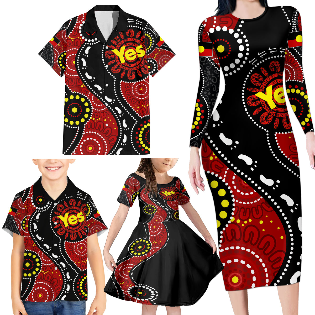 australia-indigenous-family-matching-long-sleeve-bodycon-dress-and-hawaiian-shirt-vote-yes-aboriginal-flag-color