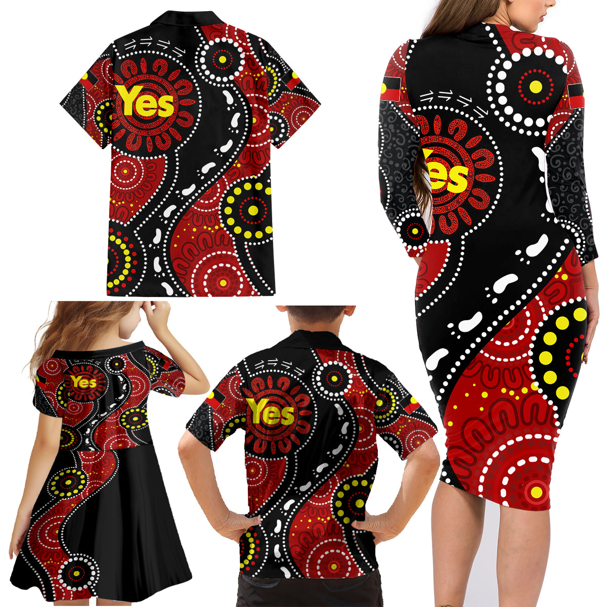 australia-indigenous-family-matching-long-sleeve-bodycon-dress-and-hawaiian-shirt-vote-yes-aboriginal-flag-color