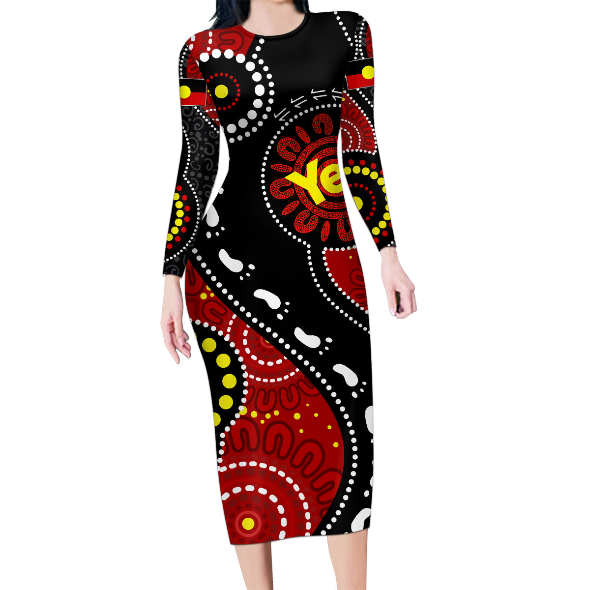 australia-indigenous-family-matching-long-sleeve-bodycon-dress-and-hawaiian-shirt-vote-yes-aboriginal-flag-color