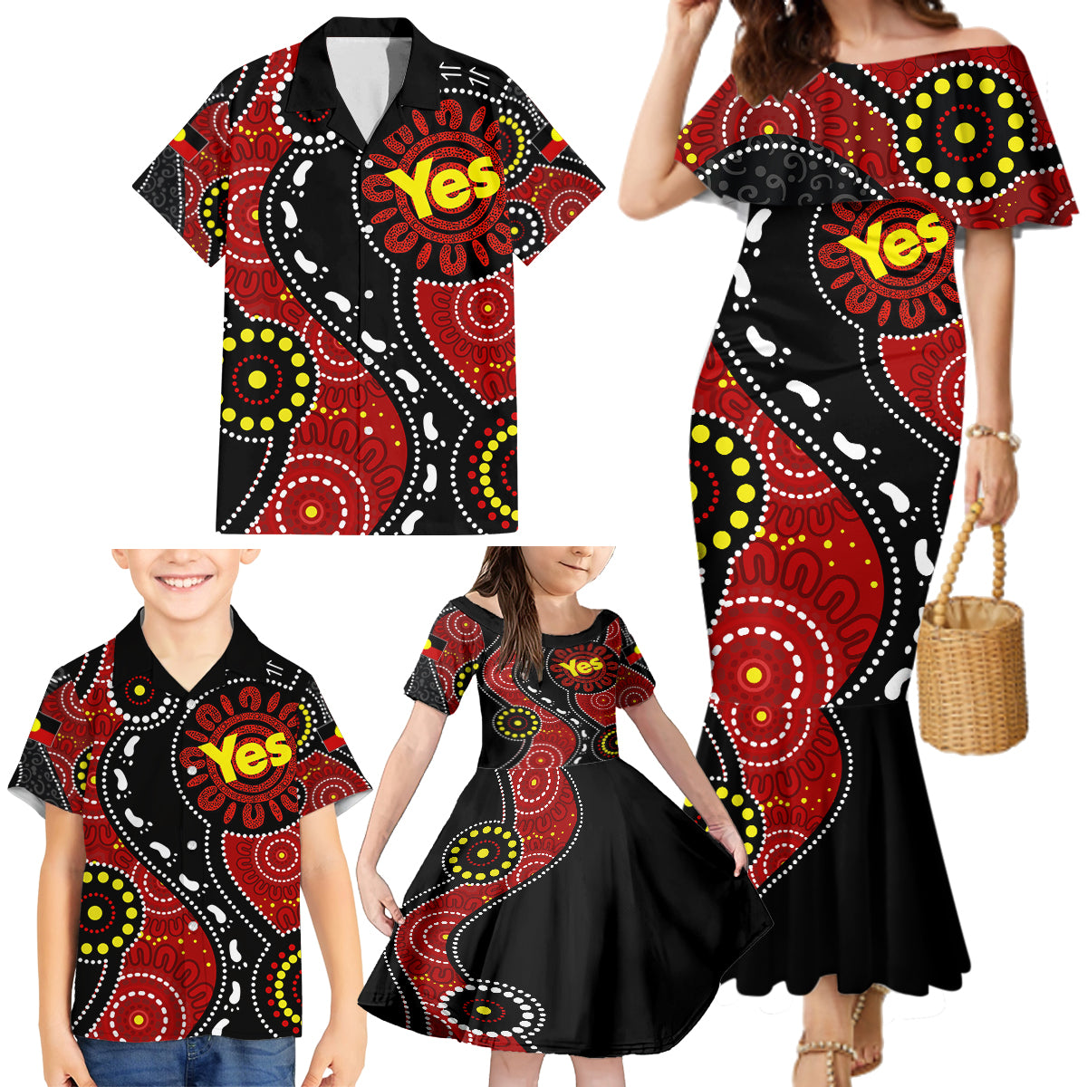 australia-indigenous-family-matching-mermaid-dress-and-hawaiian-shirt-vote-yes-aboriginal-flag-color