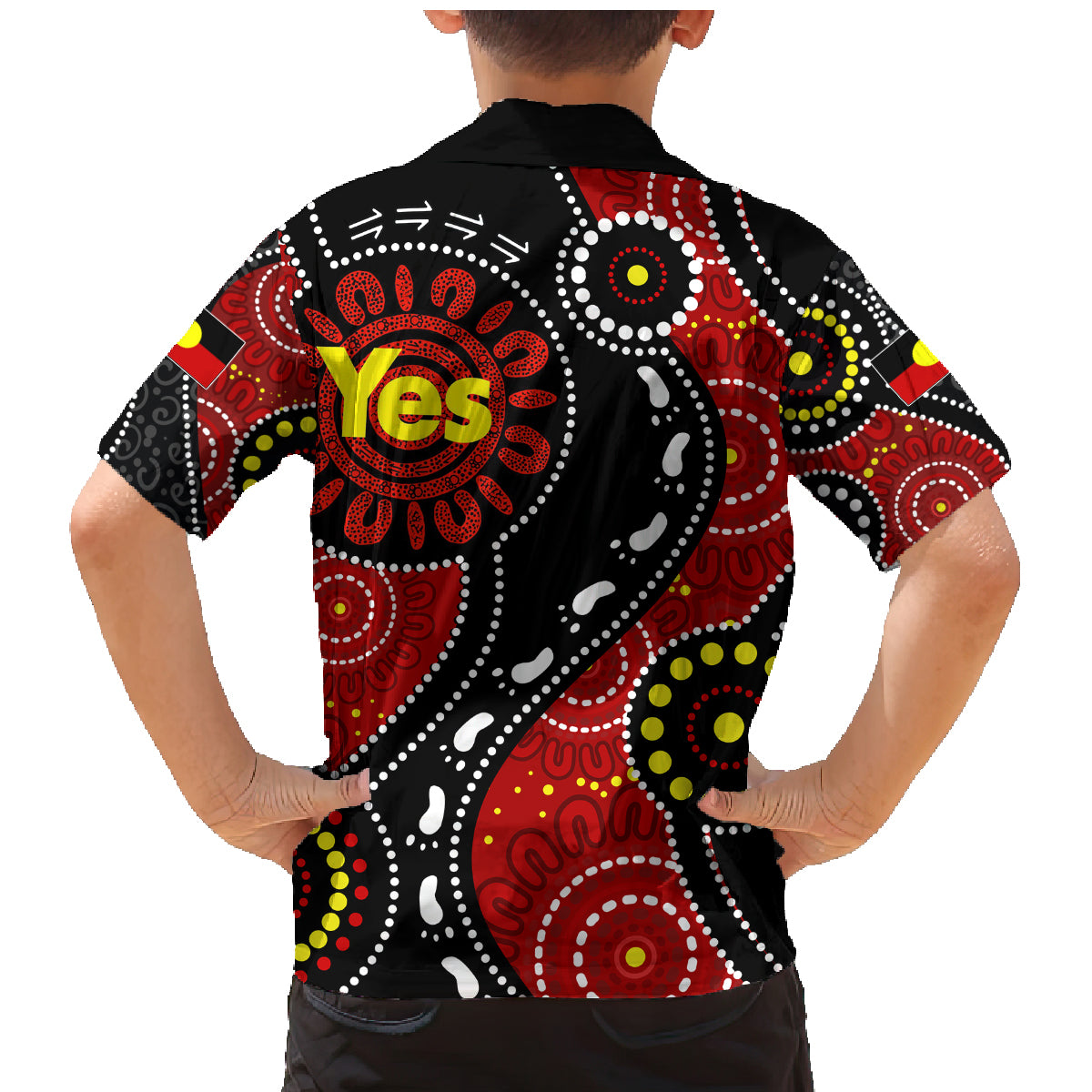 australia-indigenous-family-matching-mermaid-dress-and-hawaiian-shirt-vote-yes-aboriginal-flag-color