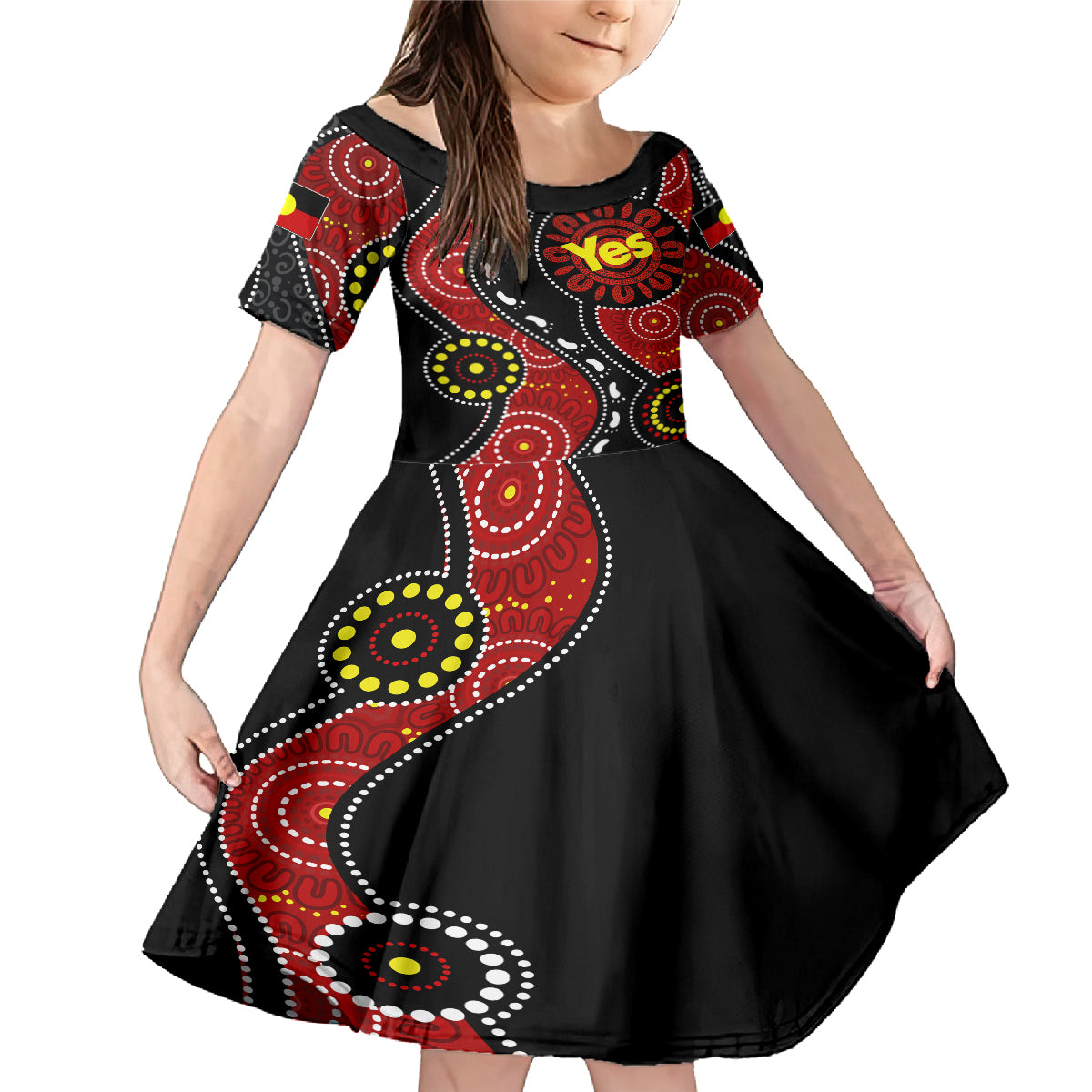 australia-indigenous-family-matching-mermaid-dress-and-hawaiian-shirt-vote-yes-aboriginal-flag-color