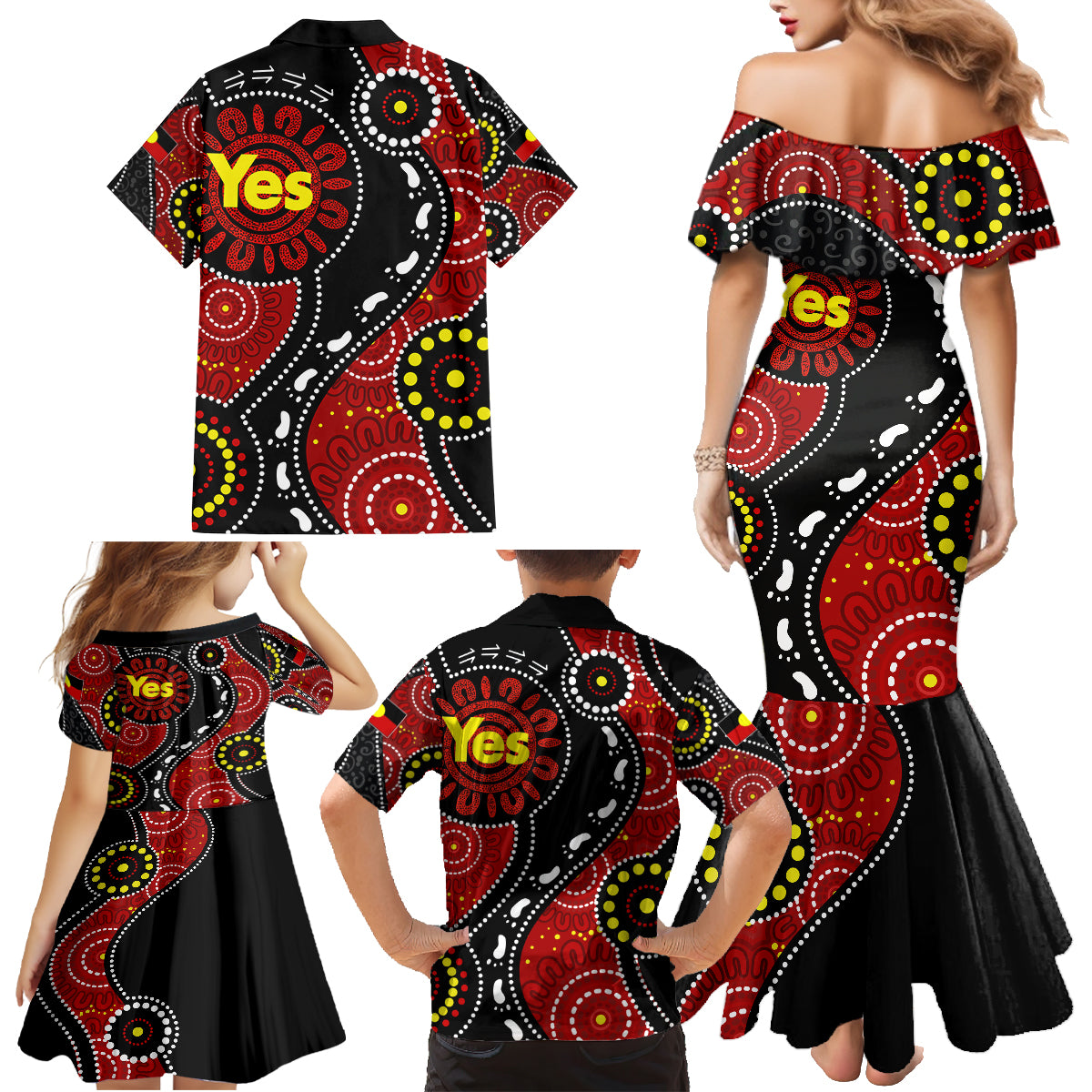 australia-indigenous-family-matching-mermaid-dress-and-hawaiian-shirt-vote-yes-aboriginal-flag-color