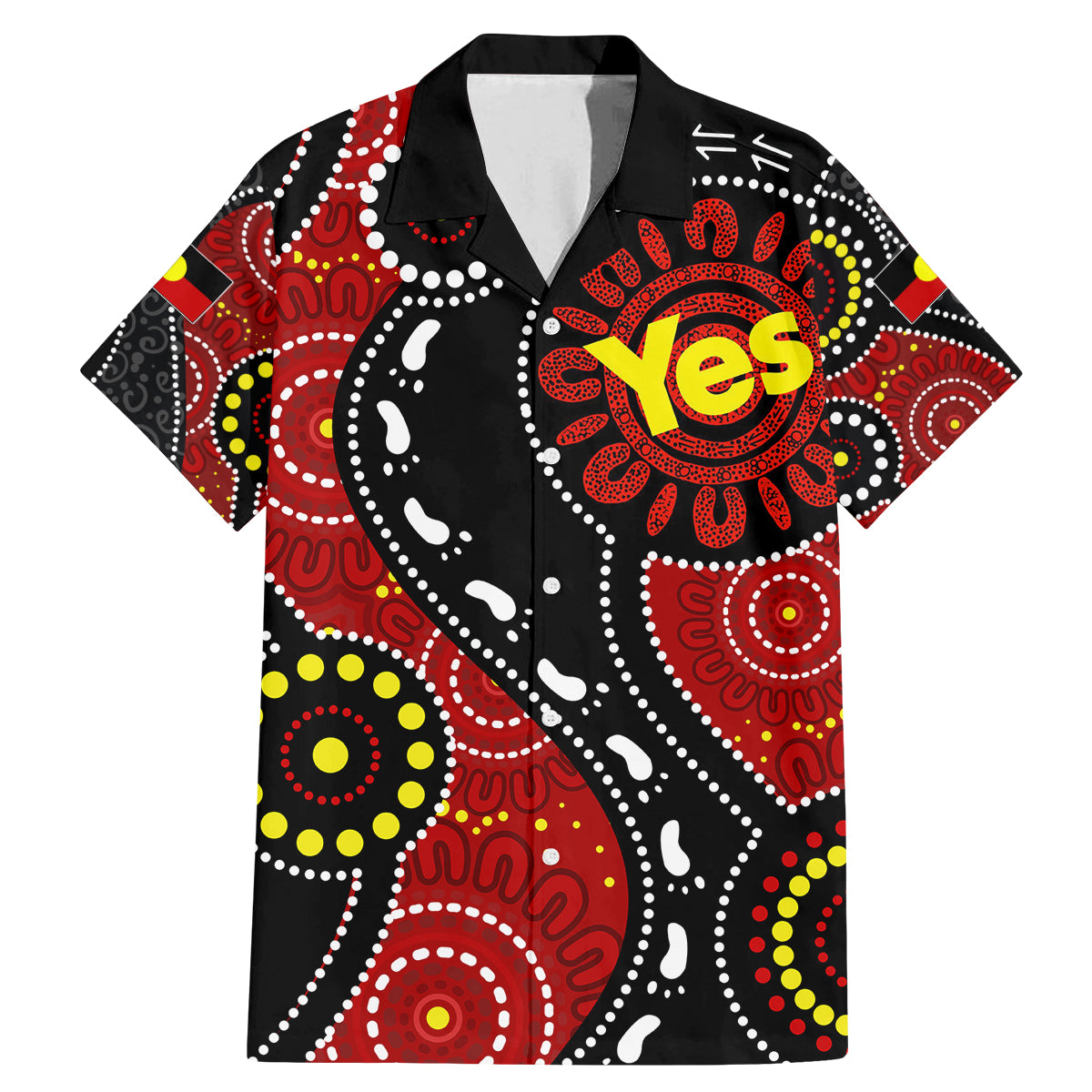 australia-indigenous-family-matching-mermaid-dress-and-hawaiian-shirt-vote-yes-aboriginal-flag-color