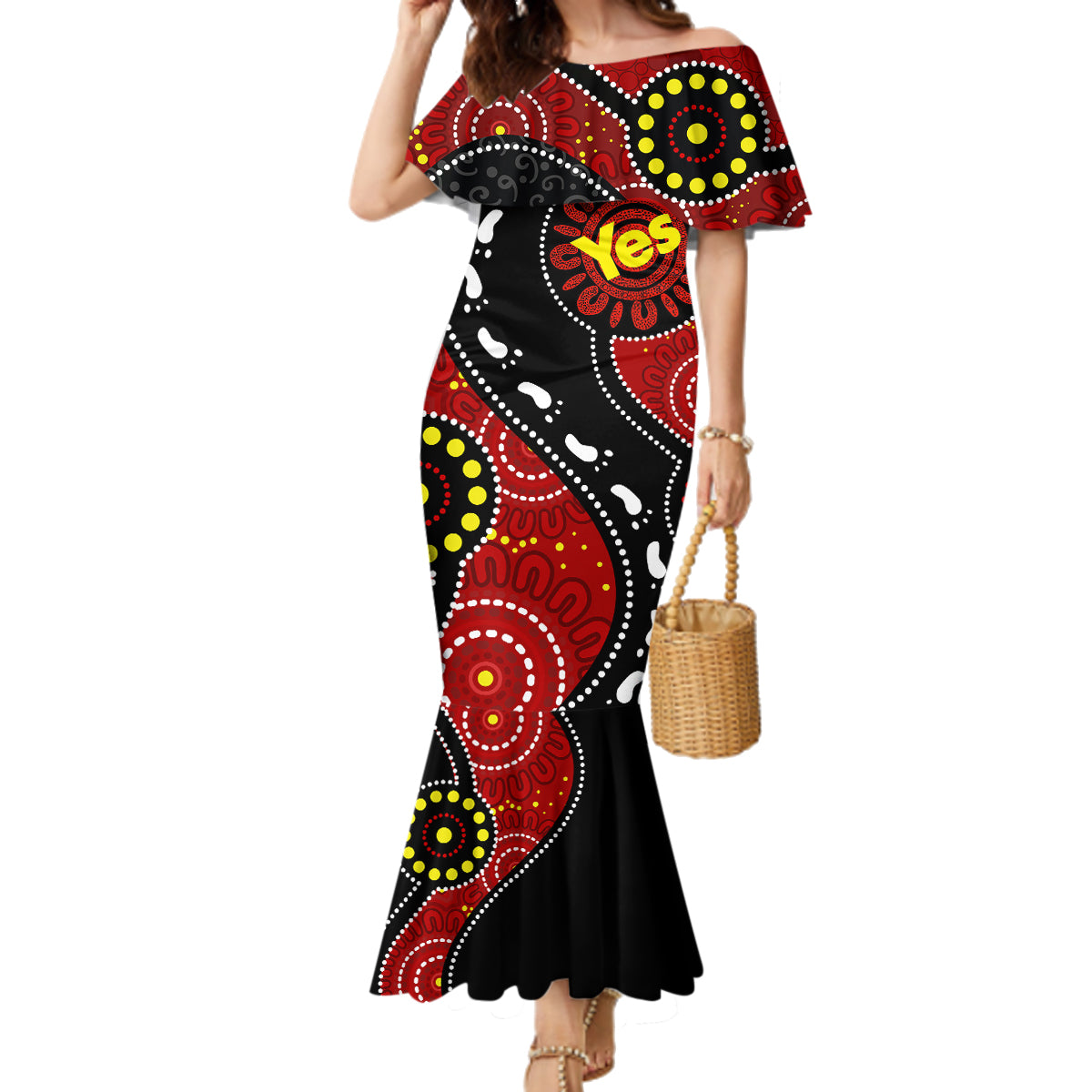 australia-indigenous-family-matching-mermaid-dress-and-hawaiian-shirt-vote-yes-aboriginal-flag-color