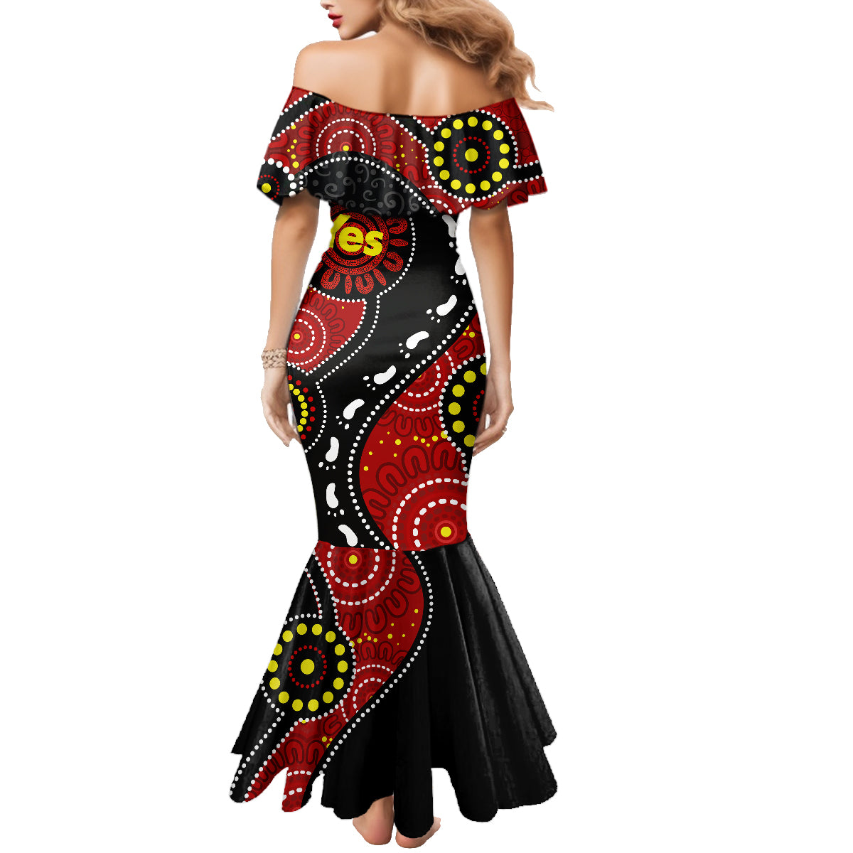 australia-indigenous-family-matching-mermaid-dress-and-hawaiian-shirt-vote-yes-aboriginal-flag-color